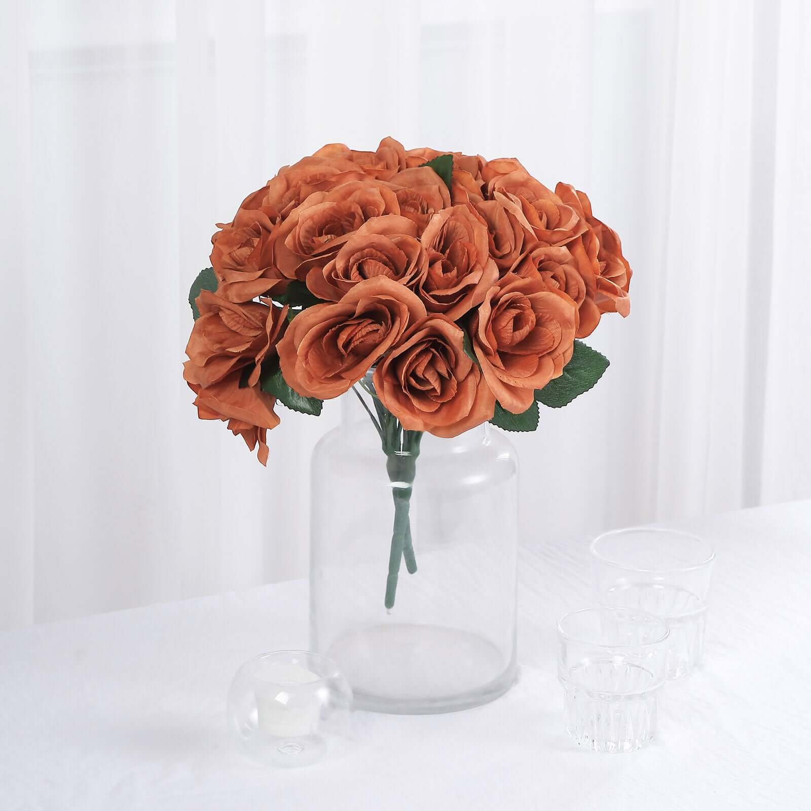 12 Terracotta (Rust) Artificial Velvet-Like Fabric Rose Flower Bouquet Bush