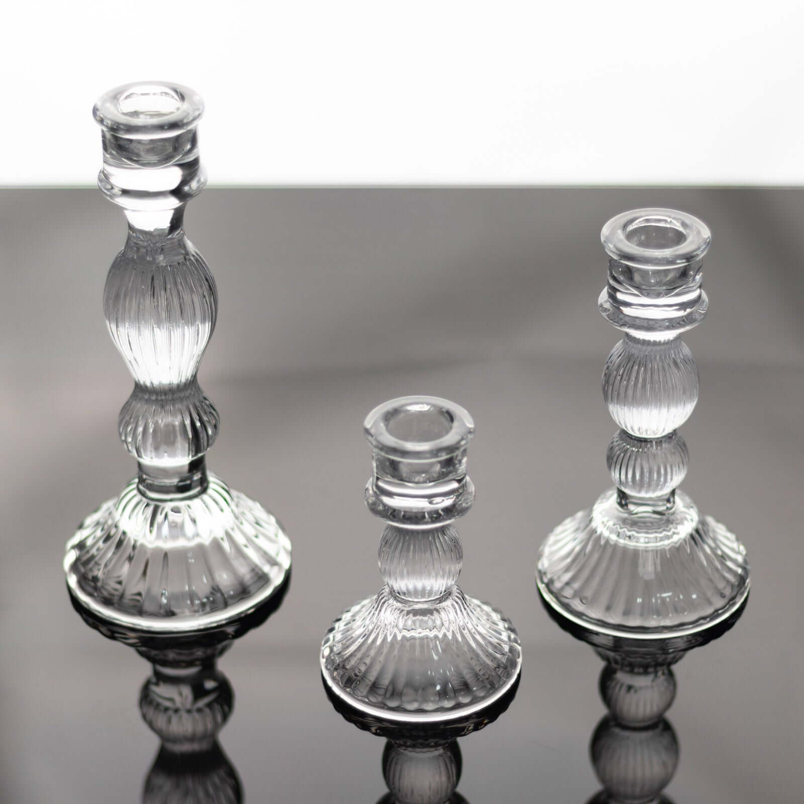 Set of 3 Glass Taper Candle Holders Fluted Design Clear - Ribbed Crystal Candlestick Stands 4, 6, 8