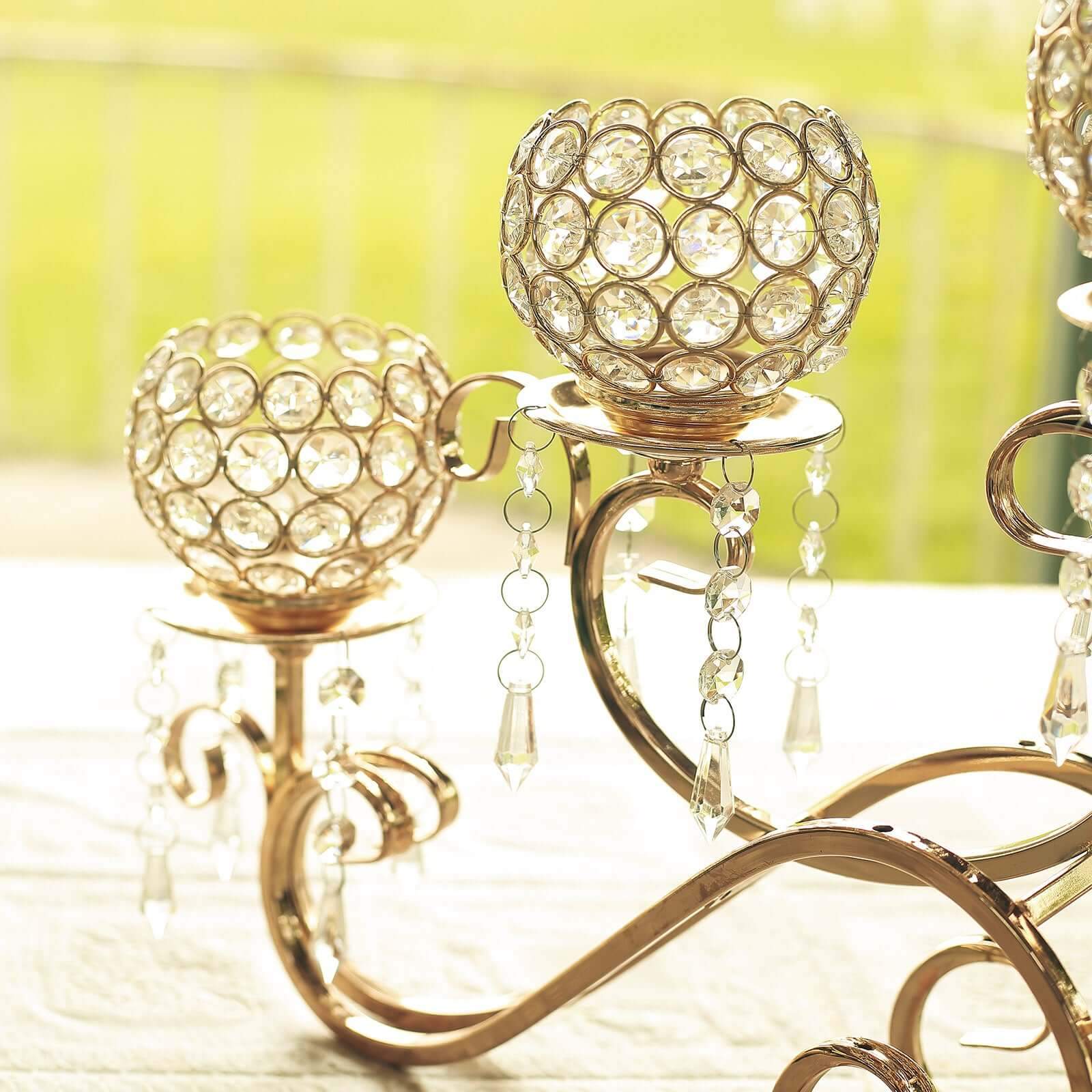 5-Arm Metal Candelabra Horizontal Design with Crystal Goblets Gold - Table Centerpiece for Events 27