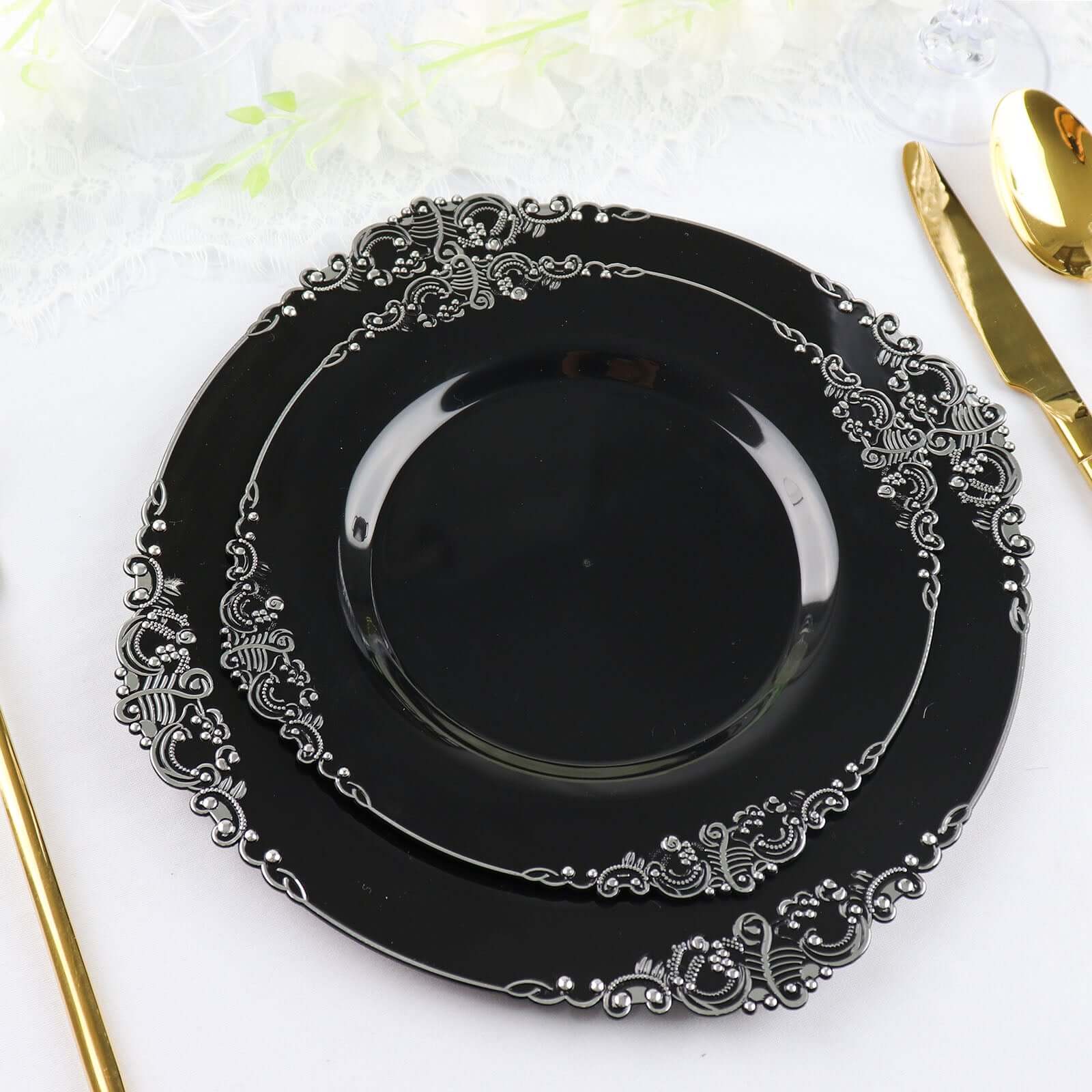 10-Pack Plastic 10 Round Dinner Plates in Black with Silver Leaf Embossed Rim - Disposable Vintage Baroque Style Plates