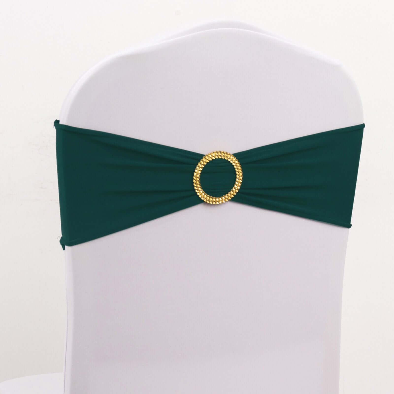 5 Pack Spandex Chair Sashes Hunter Emerald Green with Gold Rhinestone Buckles - Reusable Four-Way Stretch Sash Bands 5x14