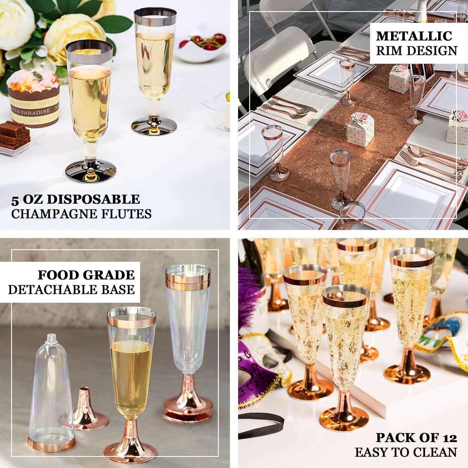 12-Pack Plastic Champagne Flutes Clear with Rose Gold Rim - Sleek Detachable Base Disposable Champagne Glasses for Toasting & Cocktail Parties 5oz