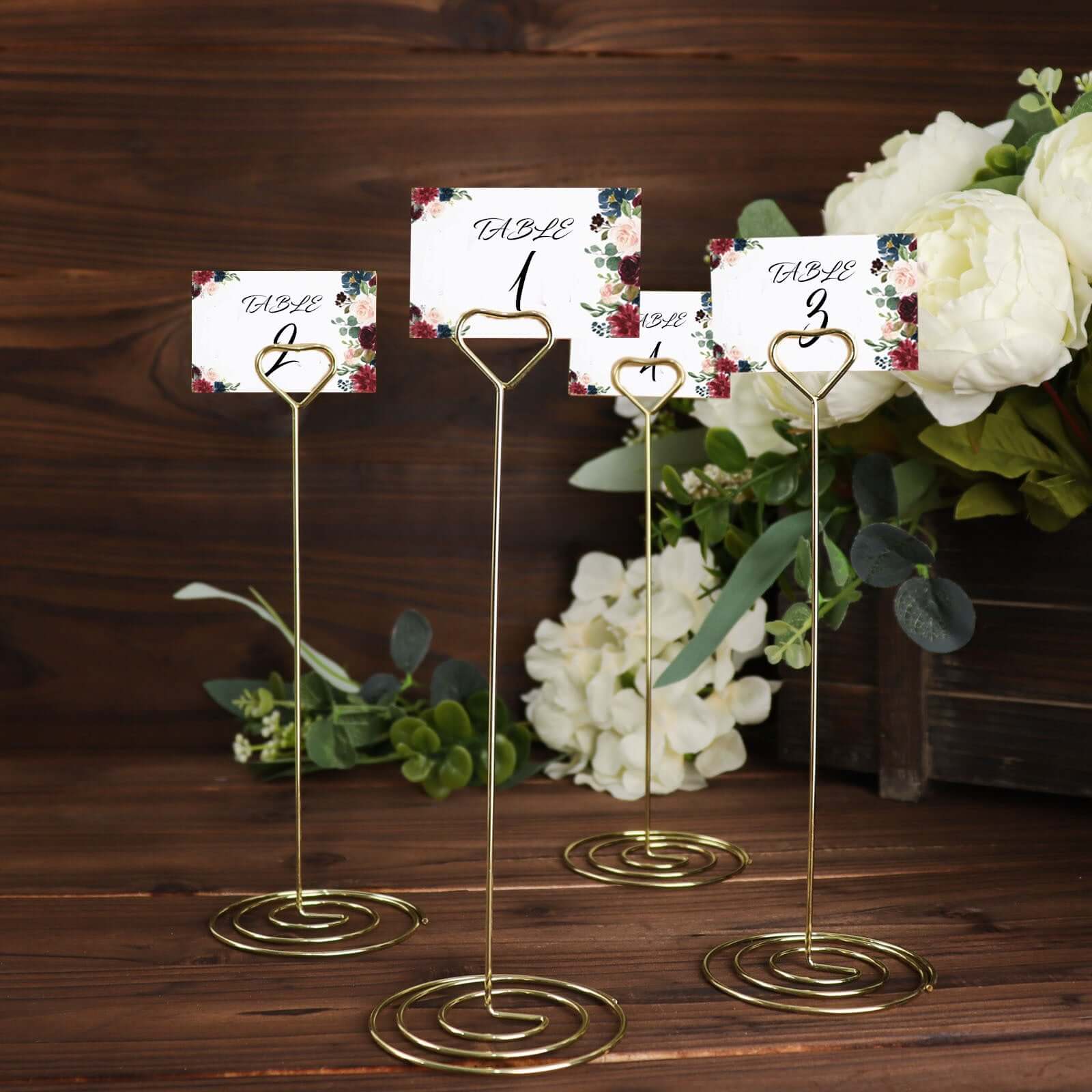 10-Pack Metal Card Holder Stands Heart Design Gold - Table Number Stands and Wedding Place Card Menu Clips 8