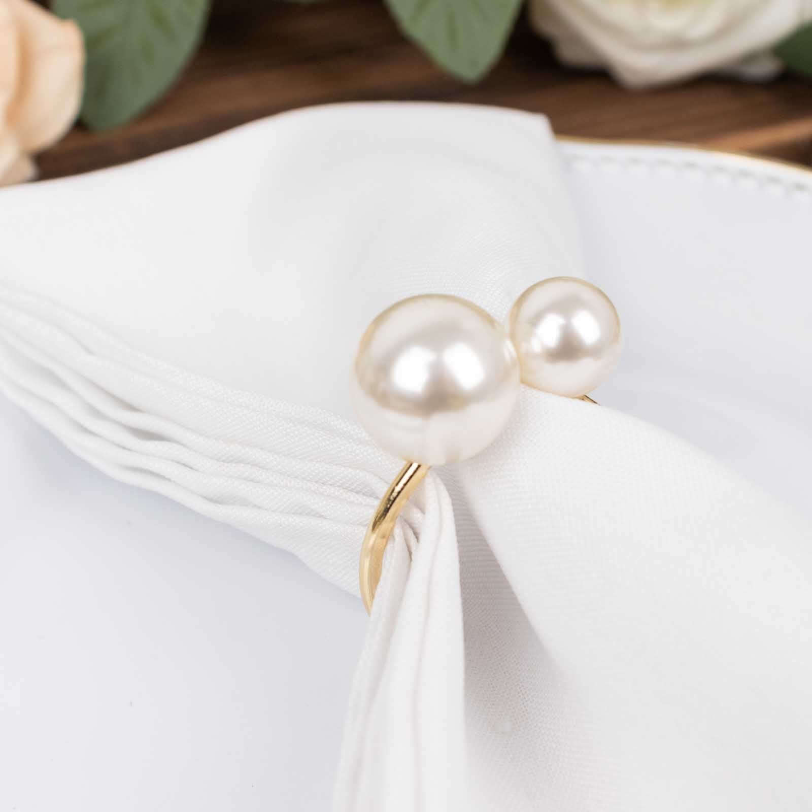 10 Pack White Pearl Gold Metal Napkin Holders Dining Table Decor, Elegant Round Wedding Napkin Rings - 2.5