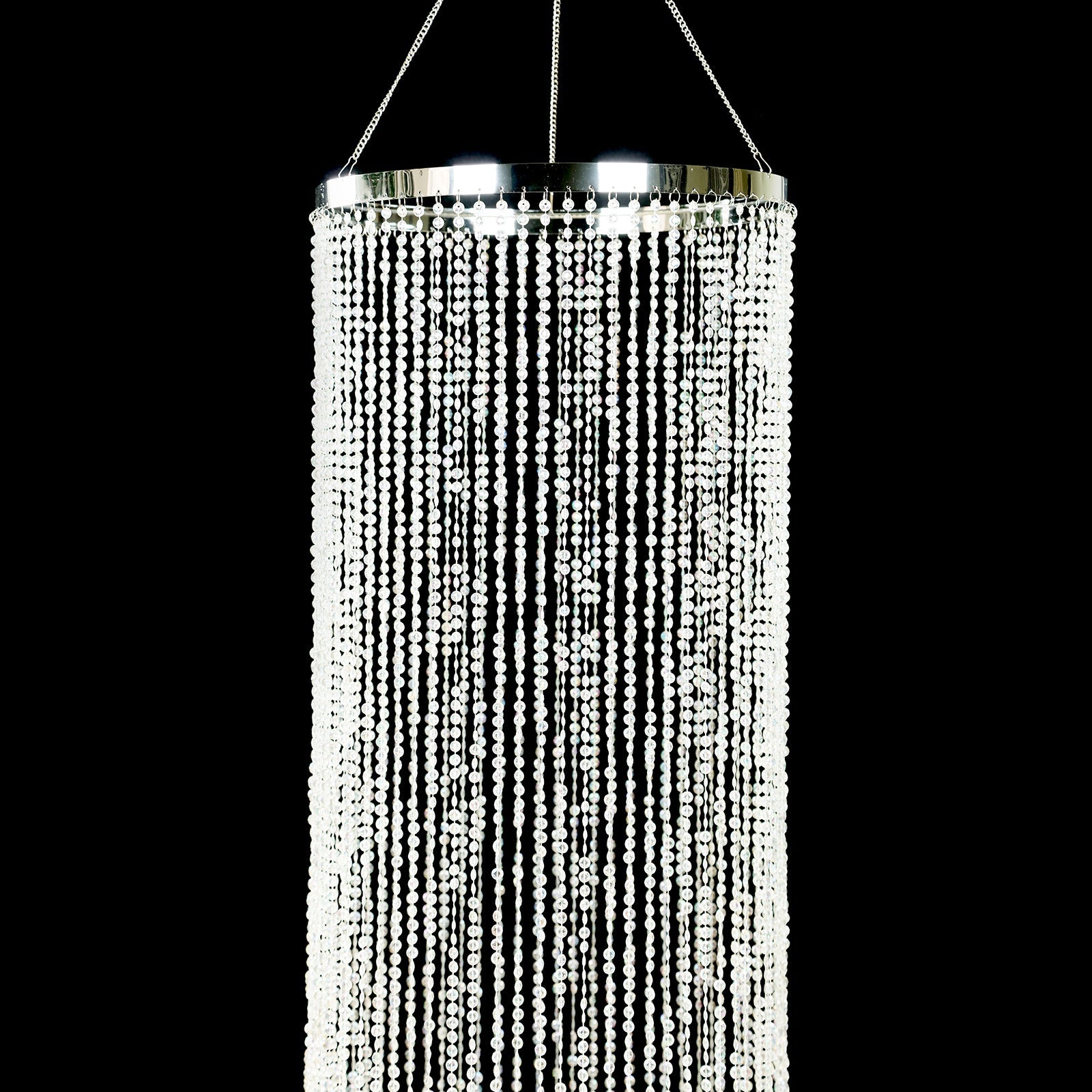 20ft Hanging Beaded Crystal Column Chandelier, Tall Beads Curtain Round with Silver Metal Hoop and Hanging Chain