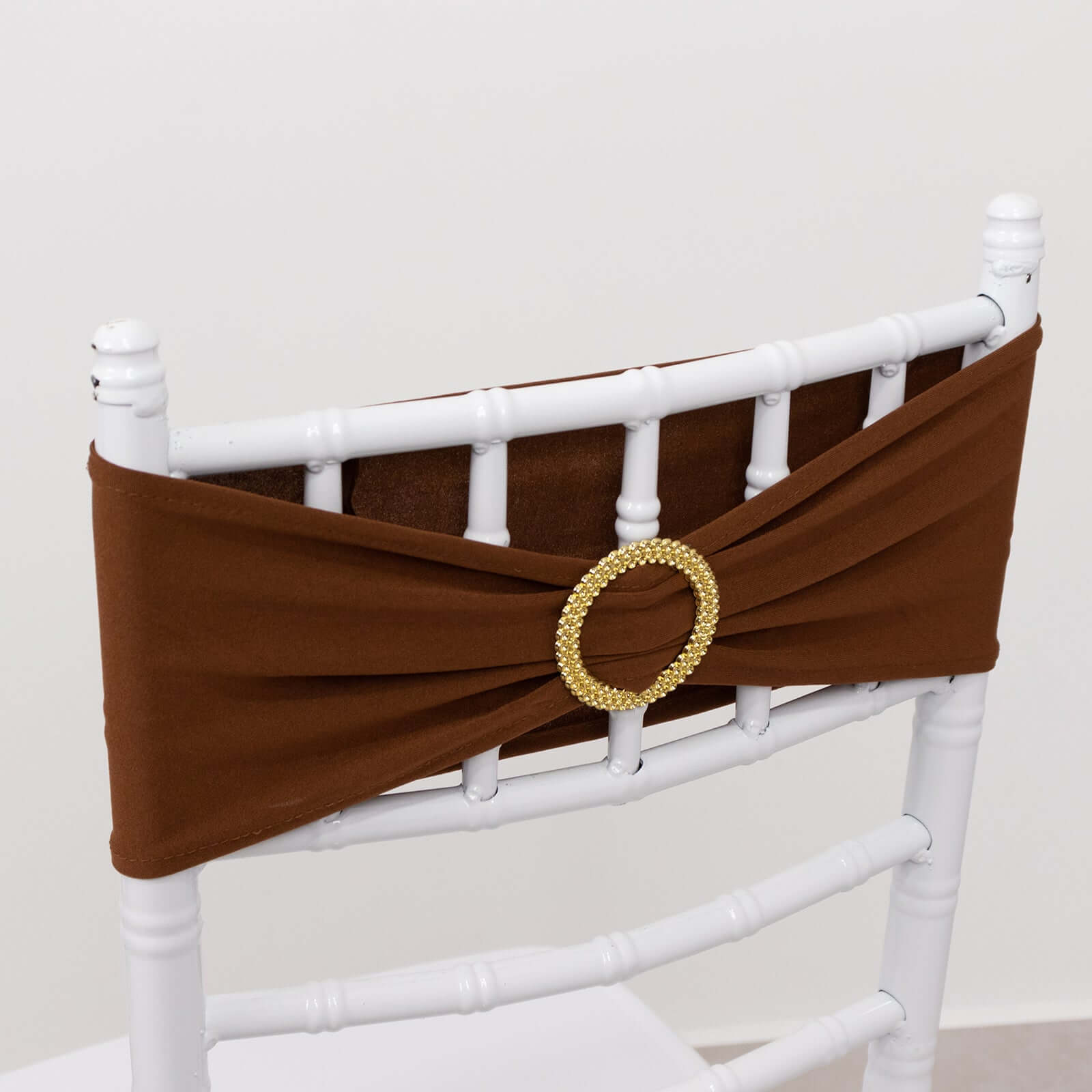 5 Pack Spandex Chair Sashes Cinnamon Brown with Gold Rhinestone Buckles - Reusable Four-Way Stretch Sash Bands 5x14