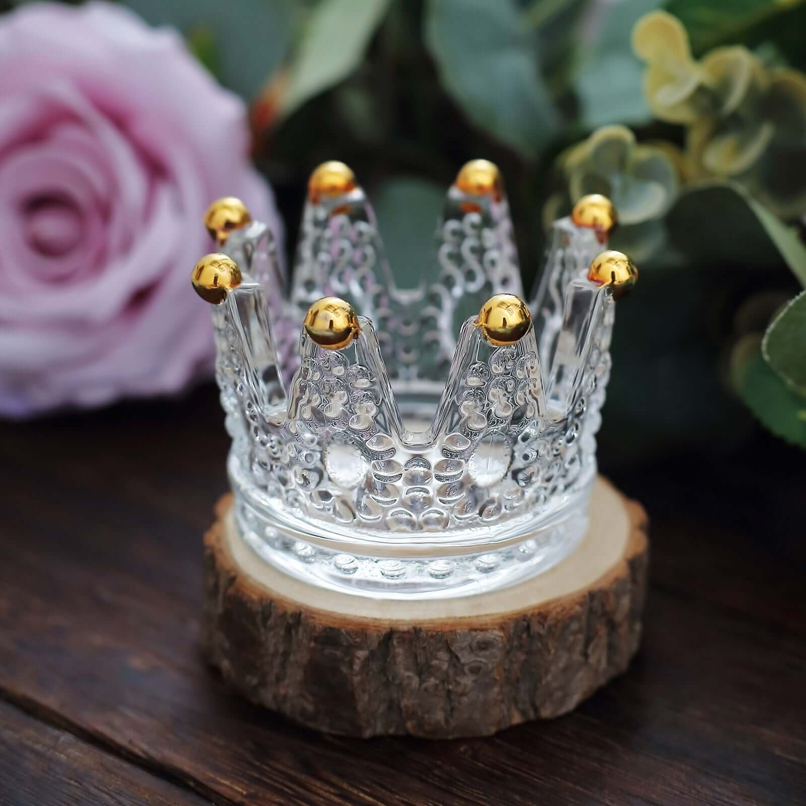 6-Pack Glass Crown Votive Candle Holders Clear Crystal Design with Gold Beaded Tips - Tea Light Holders 3x2