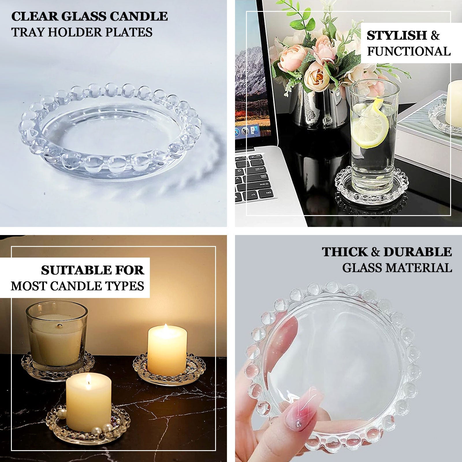 6-Pack Glass Pillar Candle Holder Plates Clear with Beaded Rims - Transparent Small Round Coaster Trays 4