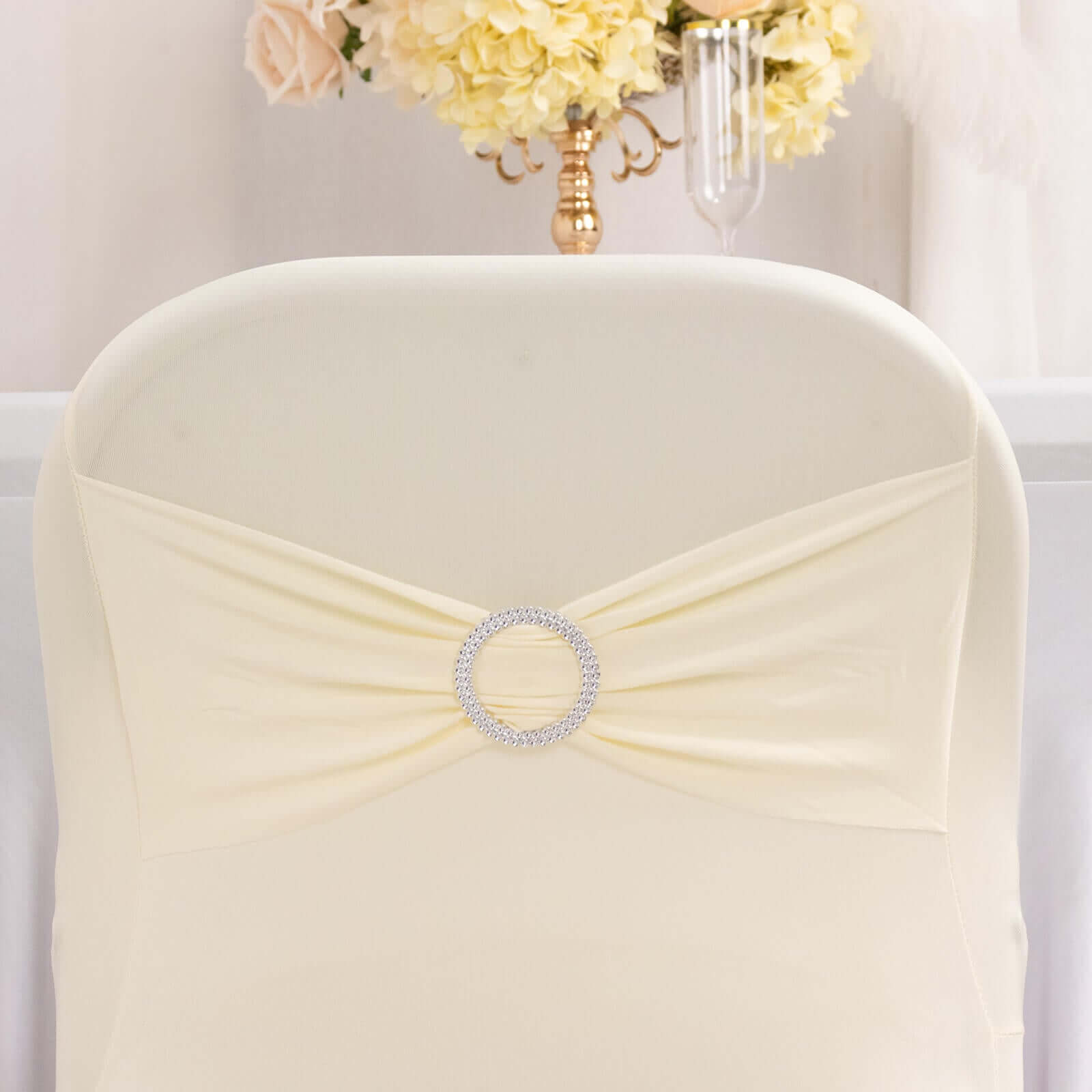 Stretch Spandex Chair Cover Ivory for Folding Chairs - Secure Fit Slipcover with Silver Rhinestone Buckled Sash Band