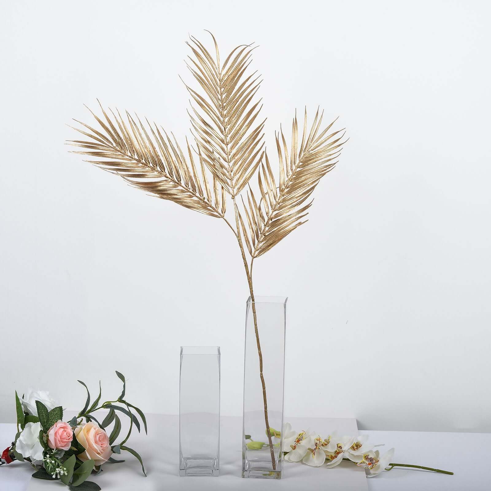 2 Stems Artificial Palm Leaf Branch Metallic Gold - Tropical Faux Stems Vase Filler Floral Backdrop Table Decor 32