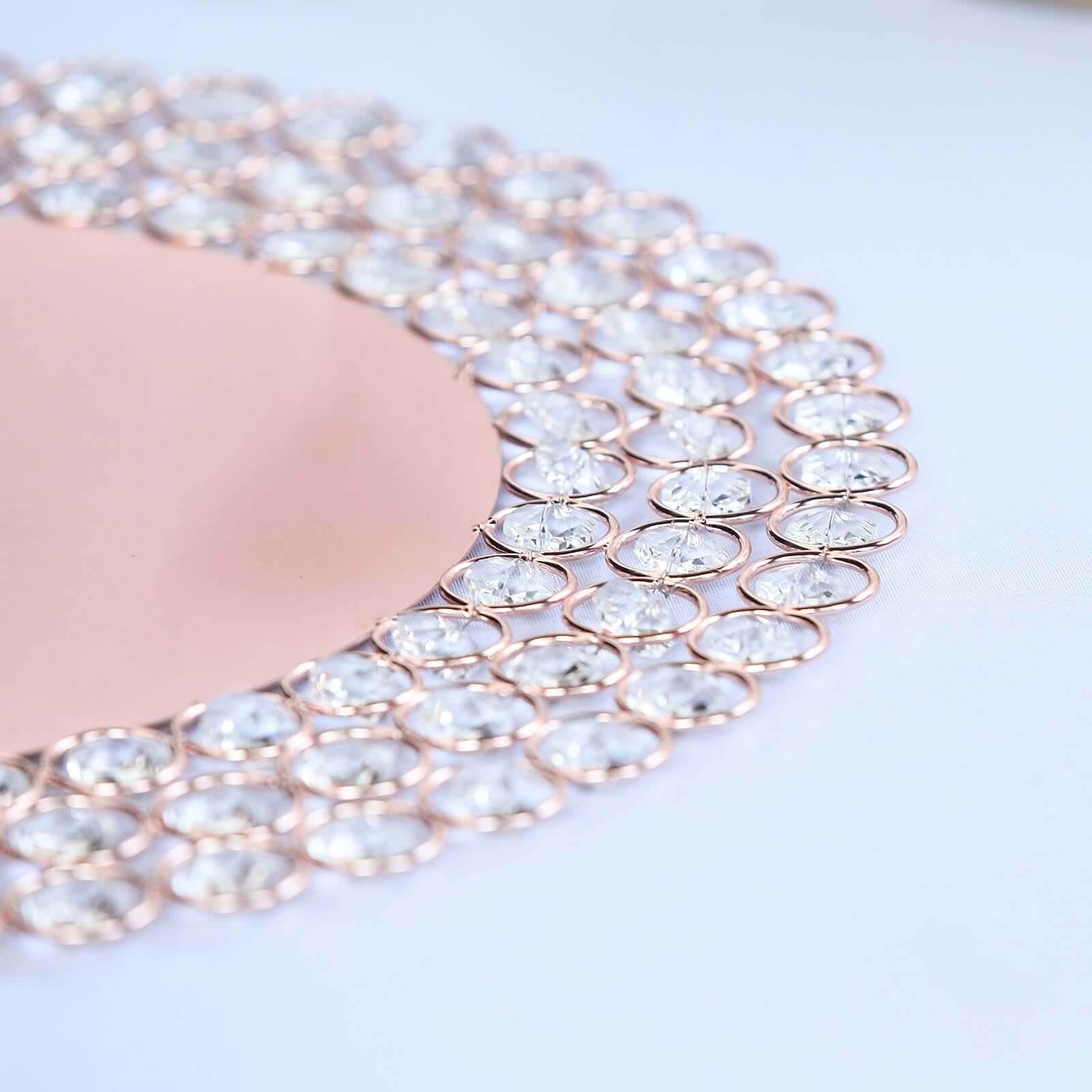 Wired Metal Round Charger Plate 14 in Rose Gold with Acrylic Crystal Beads, Glamorous Decorative Dinner Charger Tableware