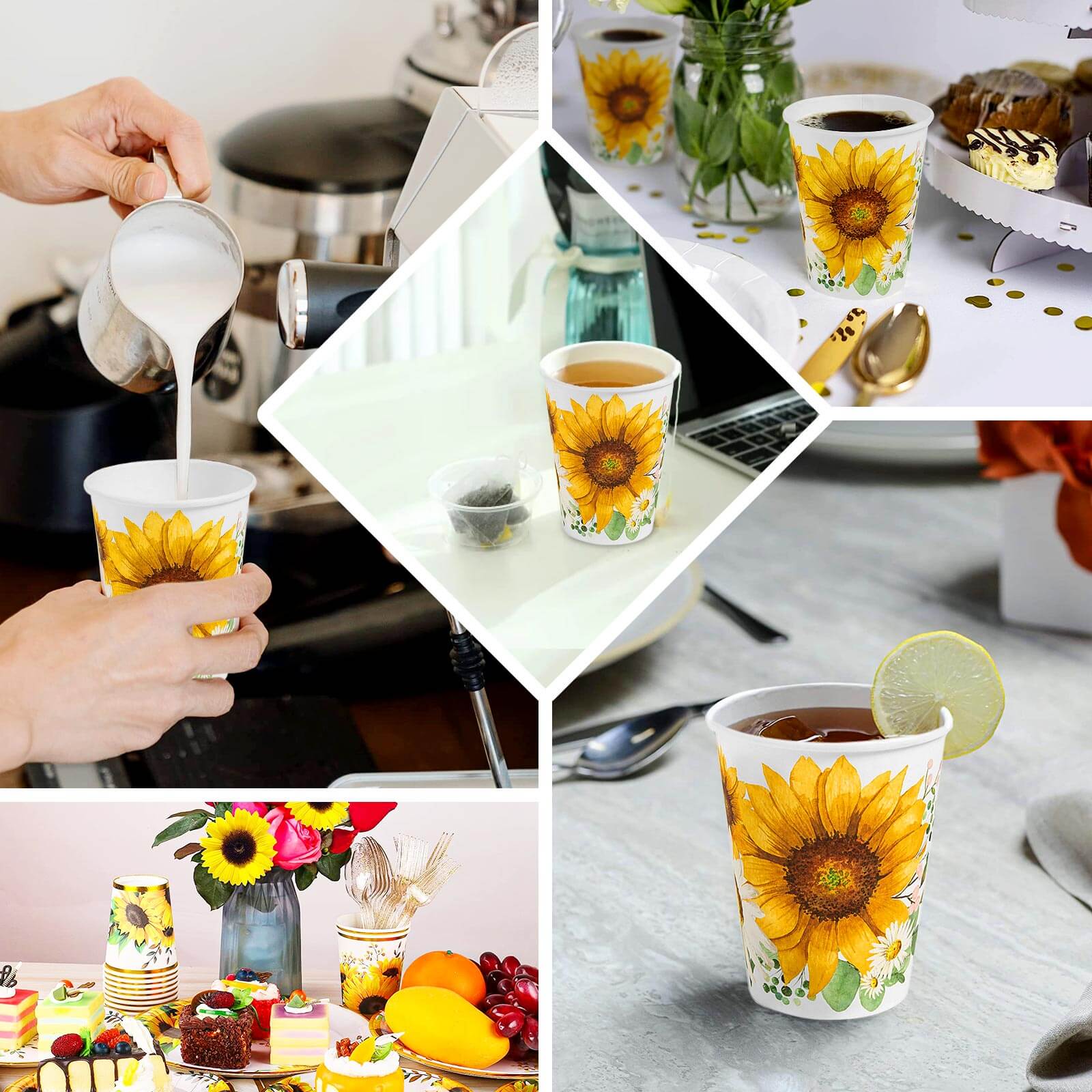 24-Pack Paper Cups in White with Yellow Sunflower Print - Stylish Disposable Party Cups for Hot & Cold Beverages 10oz