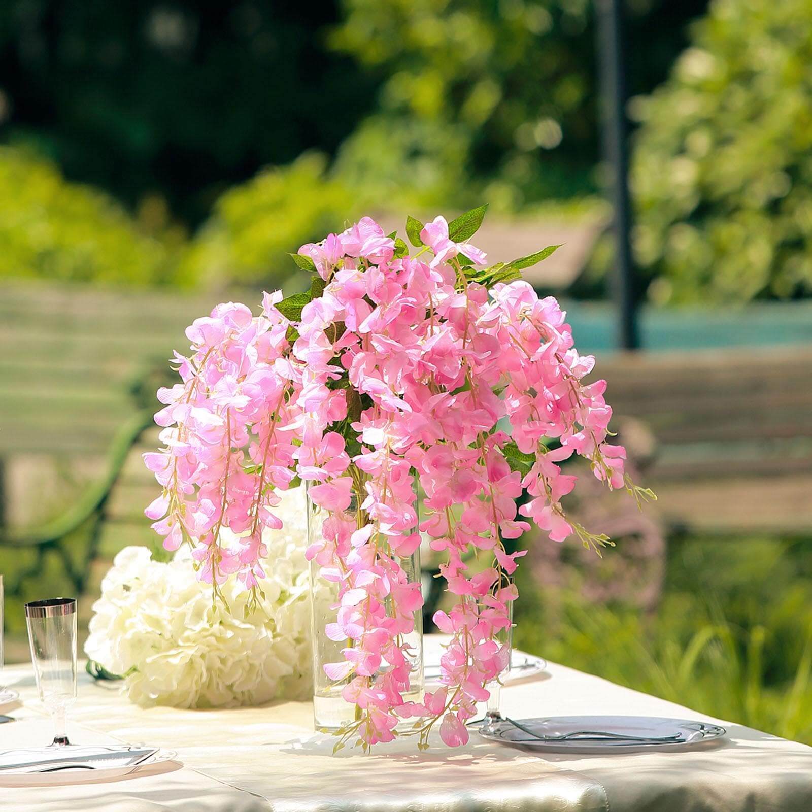 5 Pack 44 Silk Hanging Wisteria Flower Garland Vines in Pink, 3 Strands in 1 Bush