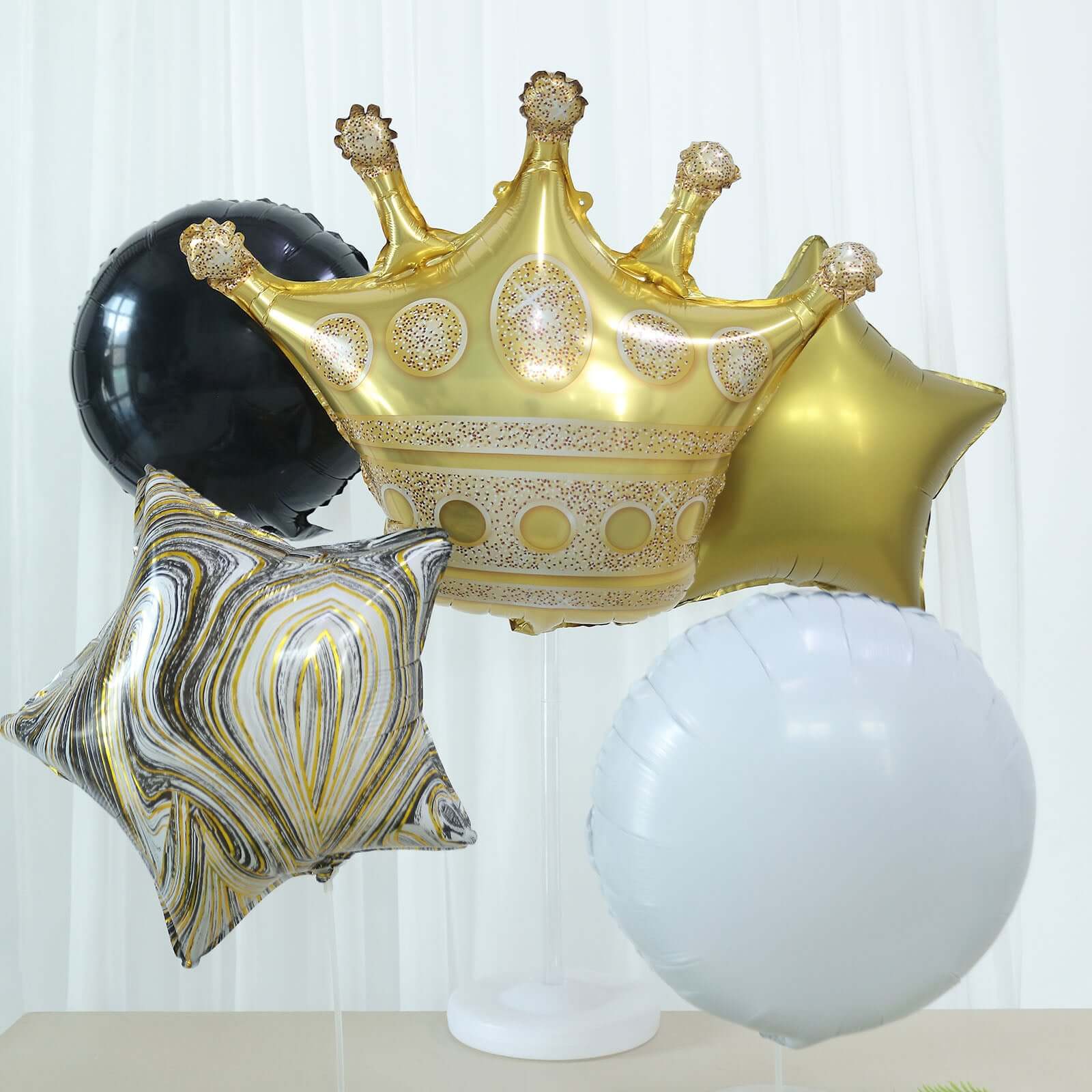 Set of 6 Gold Black Marble Mylar Foil Party Balloon Set, Star, Round and Crown Balloon Bouquet With Ribbon, Party Decorations