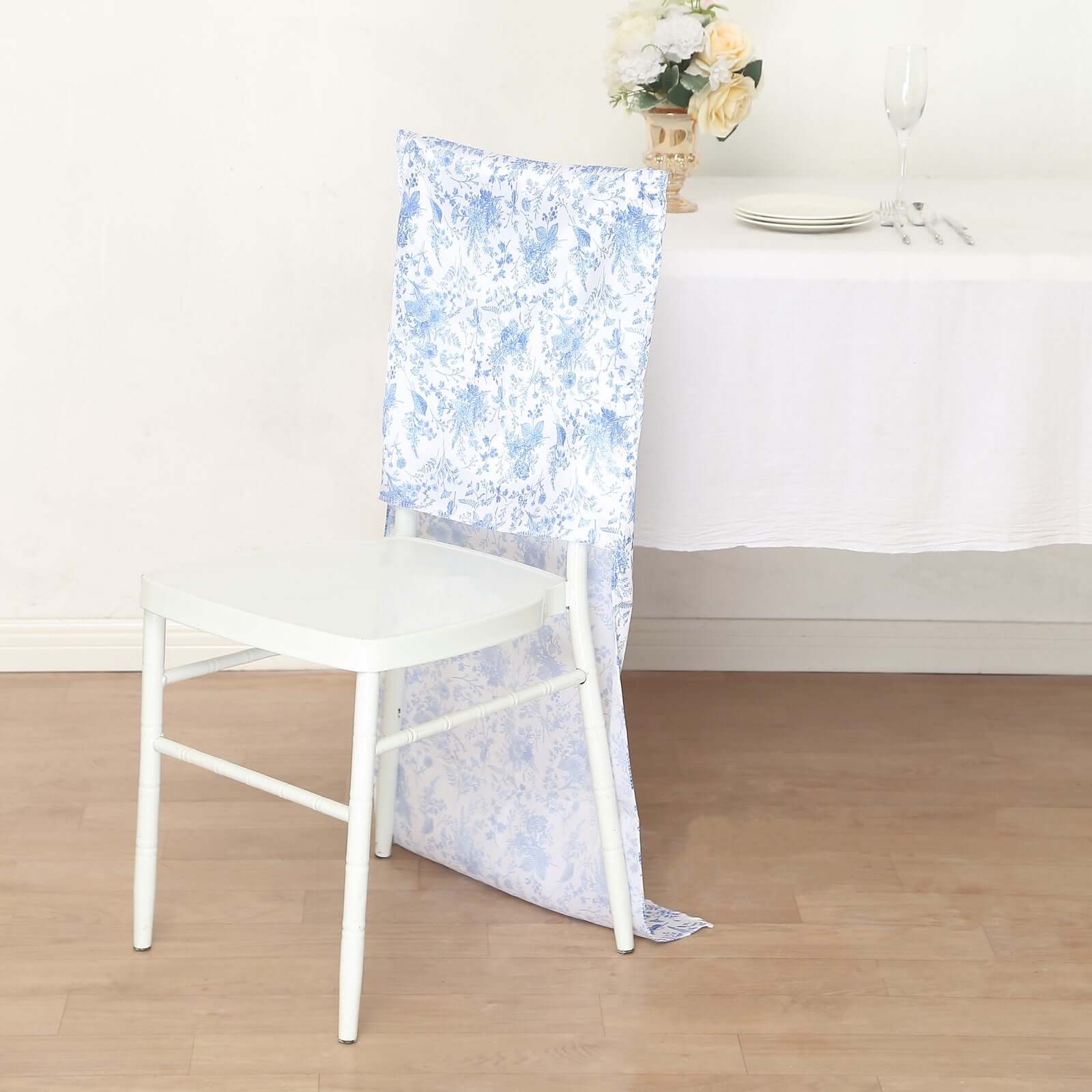 Satin Chair Slipcover French Toile Floral Print for Chiavari Chairs White/Blue - Stylish Wedding Chair Back Cover