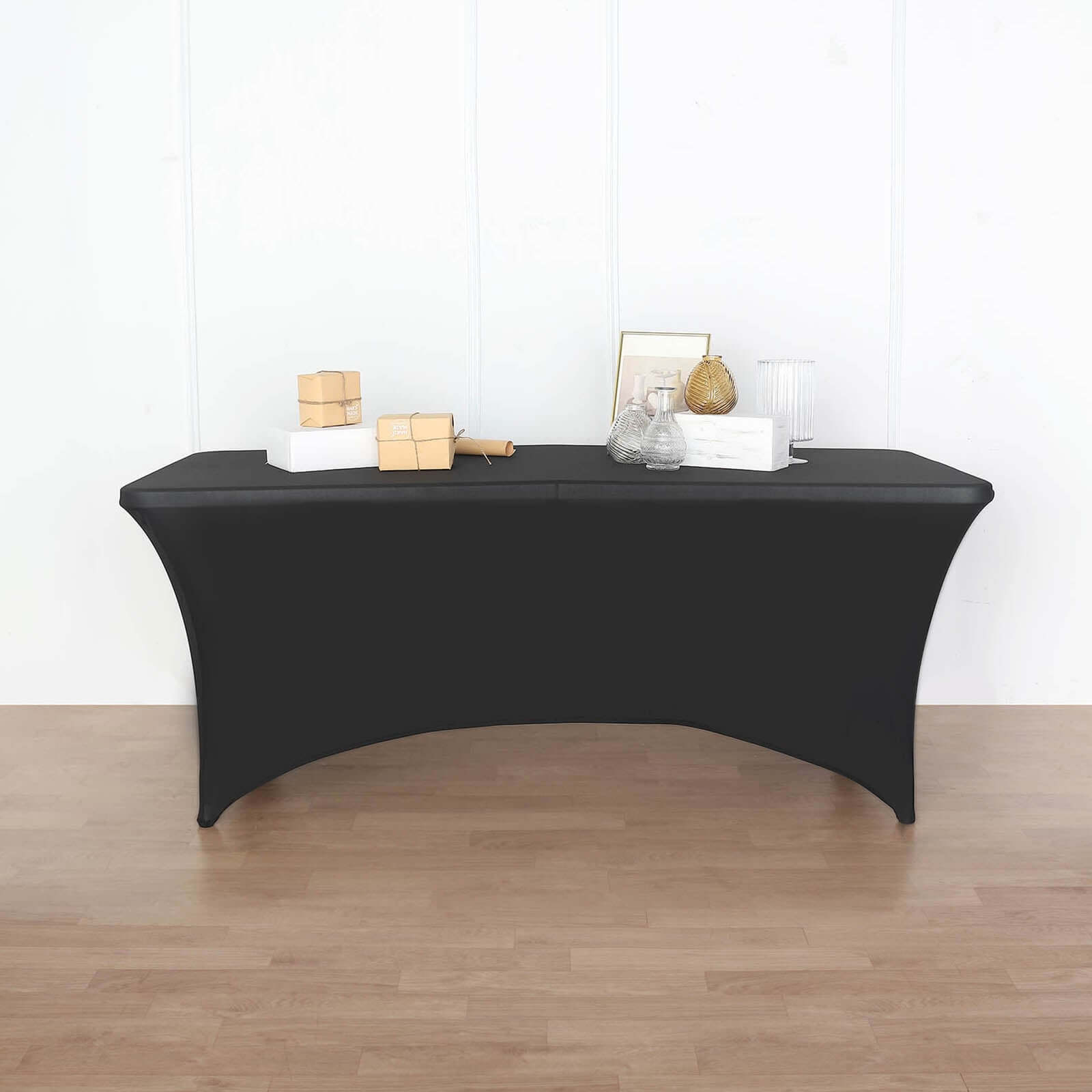 Stretch Spandex 96x30 Rectangle Table Cover Black with Curved Open Back Design Tailored Professional Look for Tradeshows, Events & Exhibitions