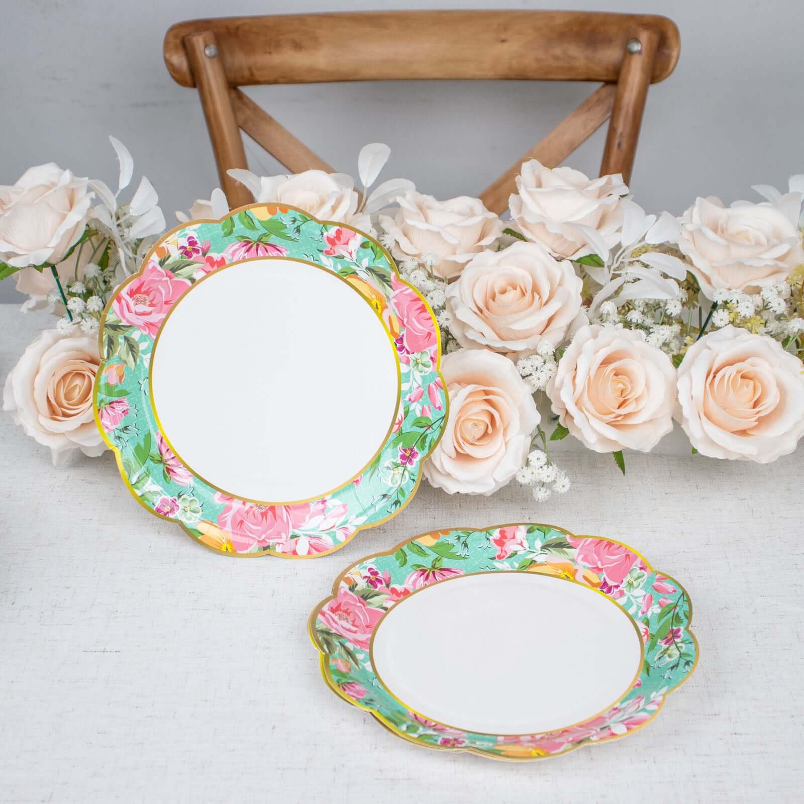 24-Pack Paper 9 Round Dinner Plates in Mixed Floral Print with Scalloped Edge - Disposable Party Plates for Baby Showers & Vintage Themes