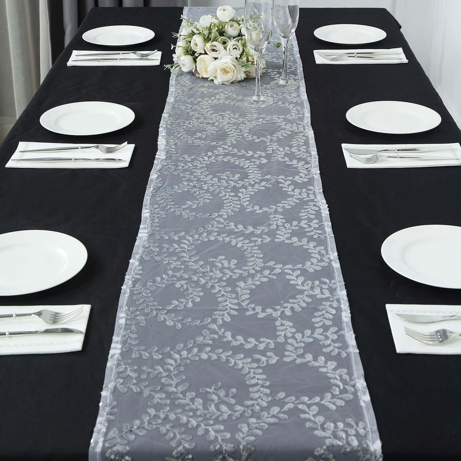 Mesh 12x108 Table Runner Silver - Leaf Vine Embroidery