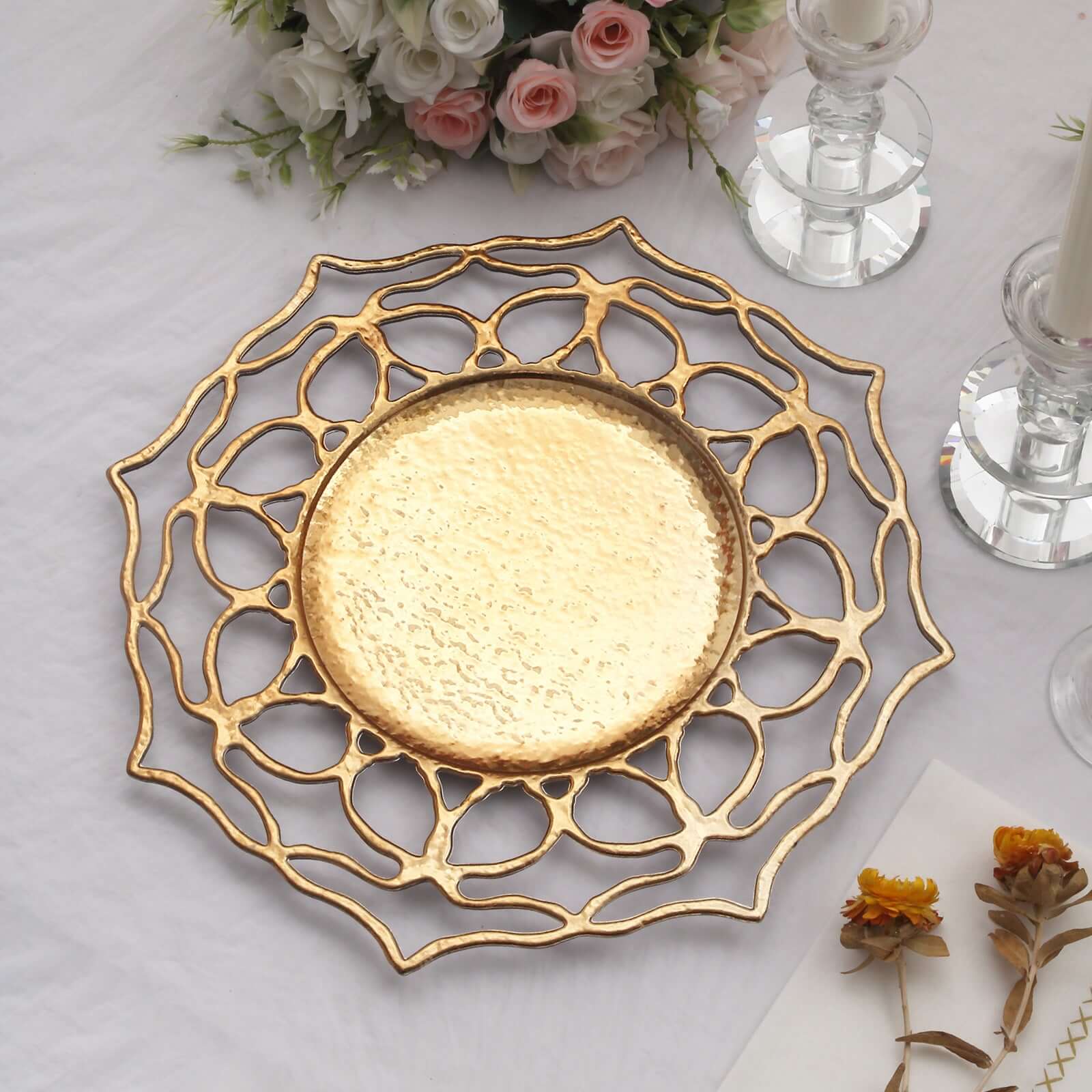 6-Pack Acrylic Round Charger Plates 13 in Gold with Floral Cutout Design, Hollow Flower Plastic Decorative Dinner Party Charger Tableware