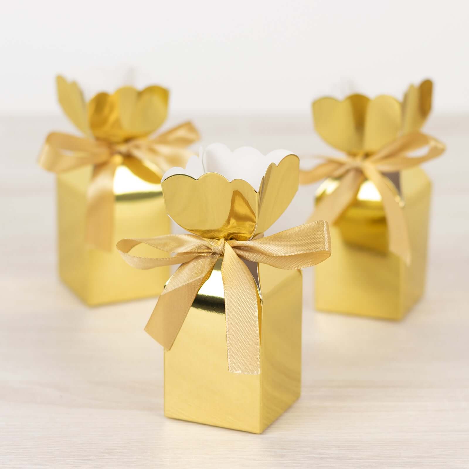 25 Pack Gold Floral Top Satin Ribbon Party Favor Candy Gift Boxes