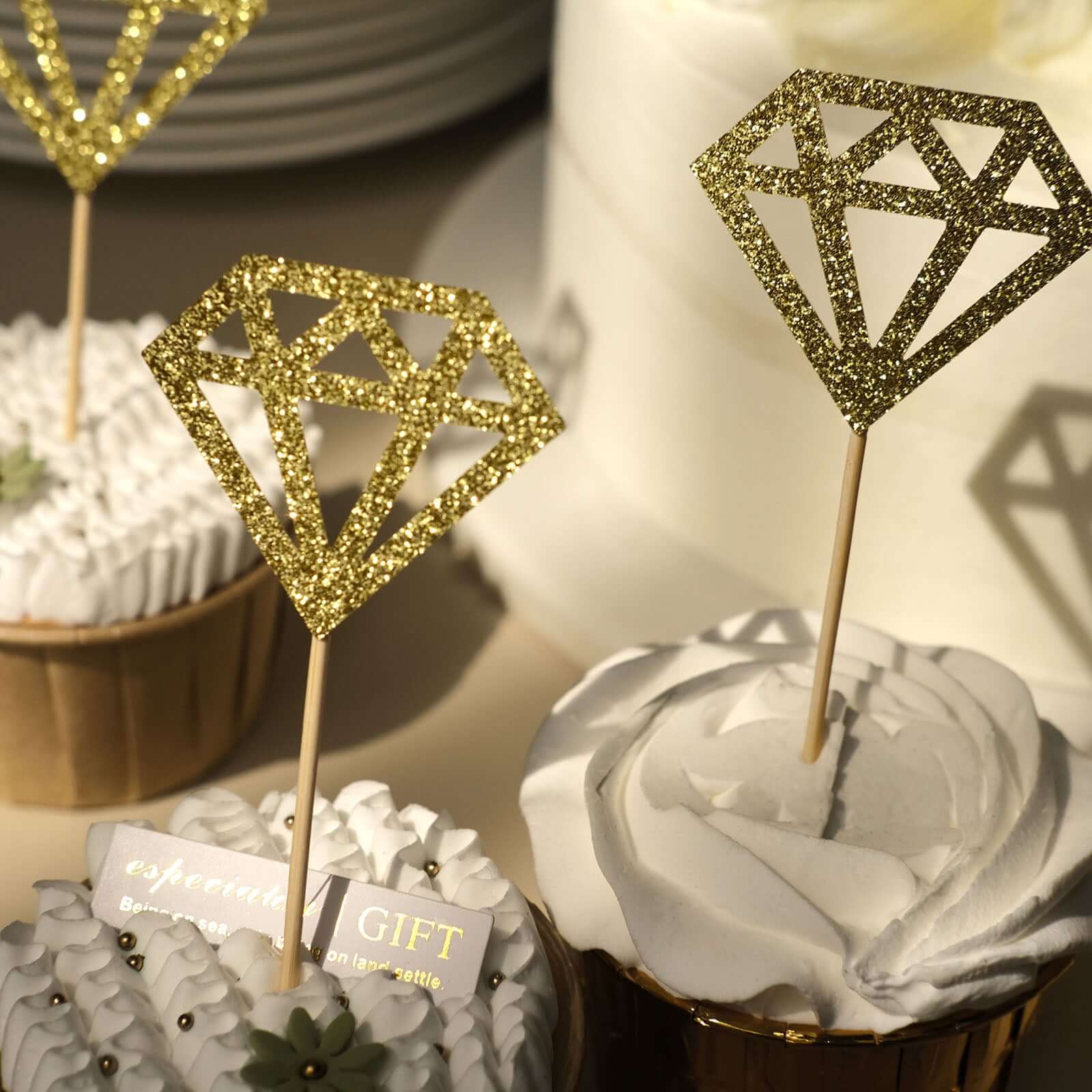 24-Pack Cupcake Toppers Diamond Ring Design Glitter Gold - Party Cake Picks Engagement Decoration Supplies