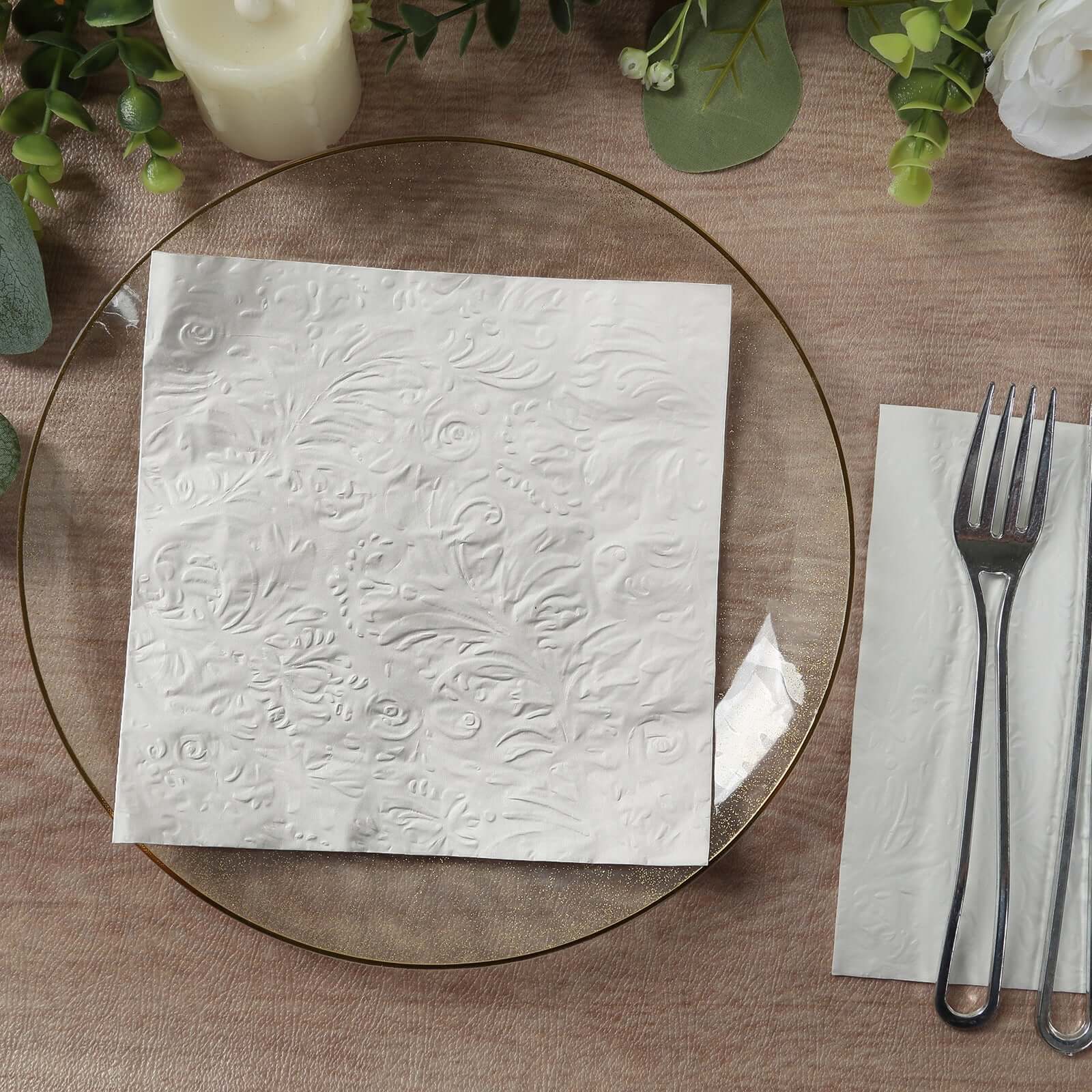 50-Pack Paper Cocktail Napkins with Embossed French Swirl Pattern White - Soft 2 Ply Beverage Napkins for Events 6.5x6.5