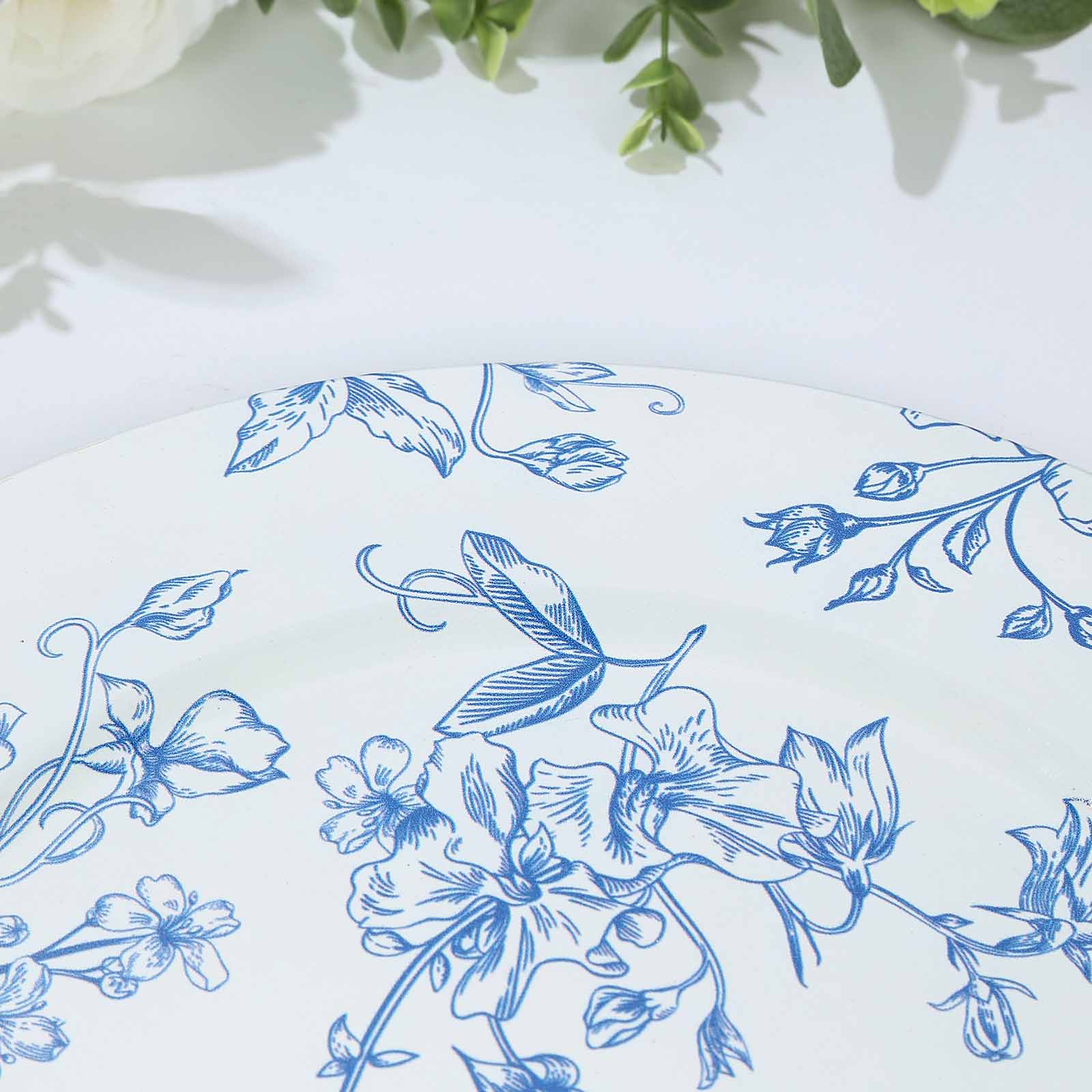 6-Pack Acrylic Round Charger Plates 13 in White with Light Blue Floral French Toile Pattern, Decorative Dinner Party Charger Tableware
