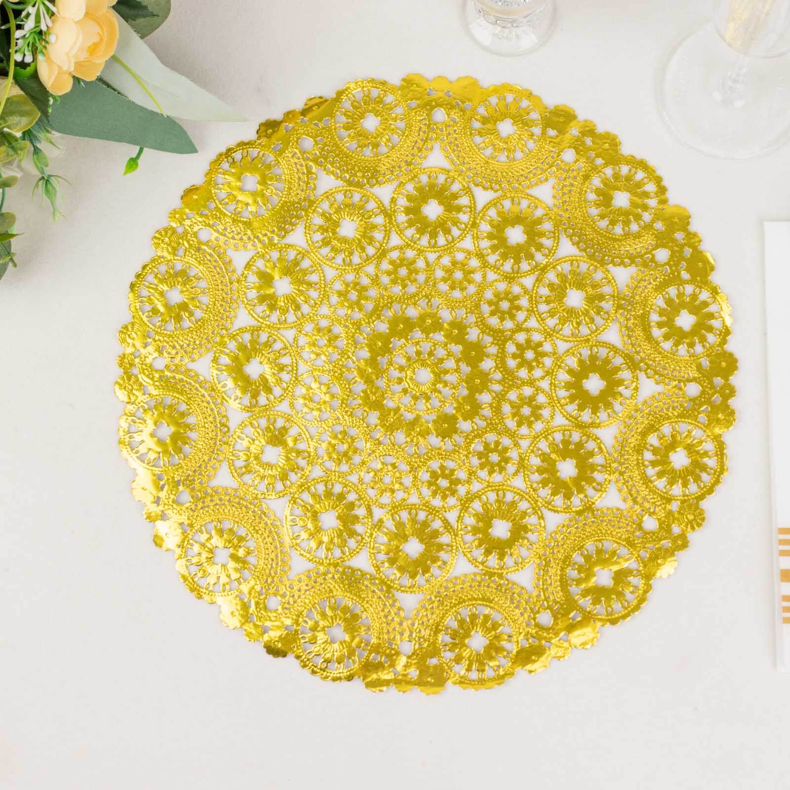 50-Pack Paper 12 Round Placemats in Metallic Gold - Disposable 50GSM Lace Doilies with Medallion Style for Dessert Display & Table Decor