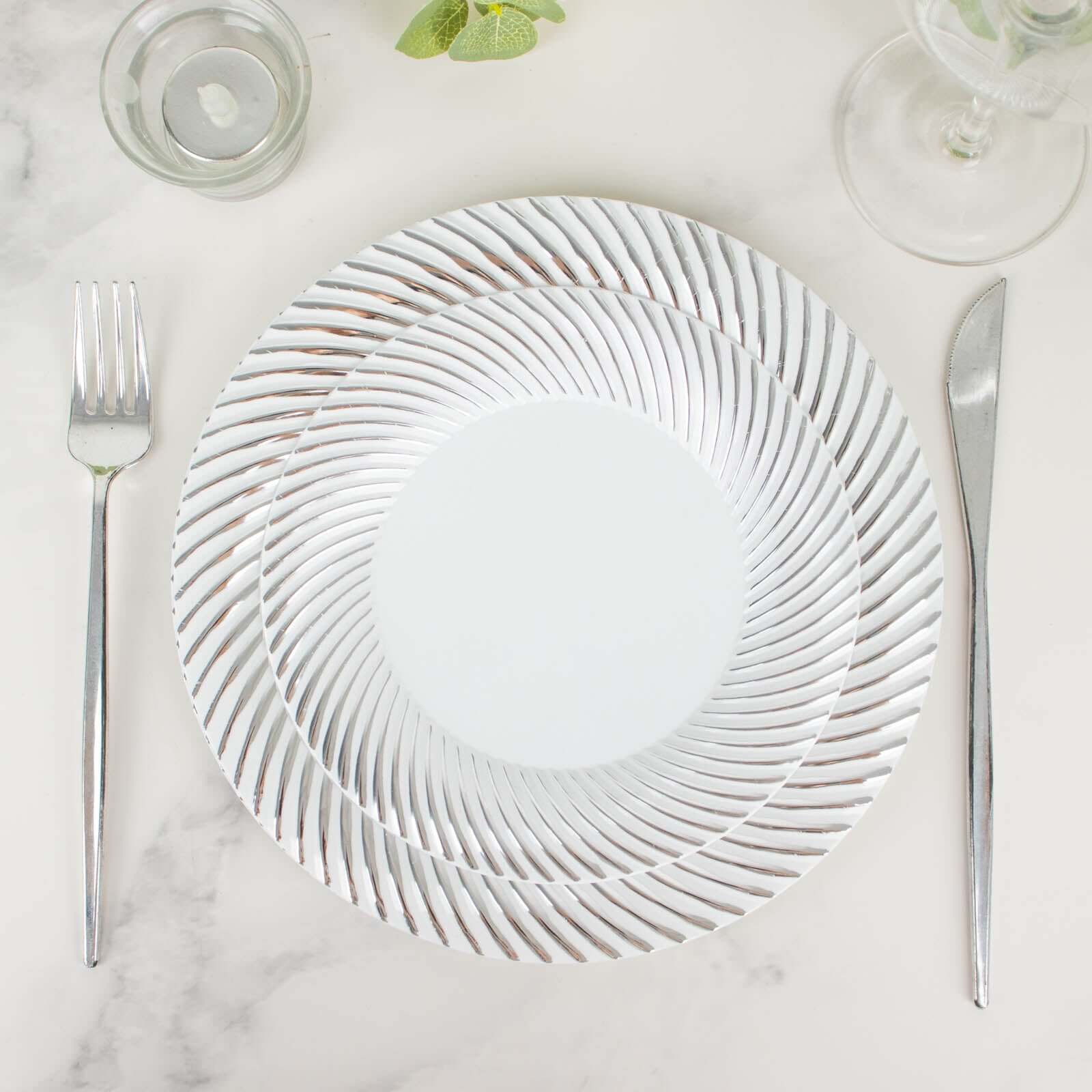 10-Pack Plastic 7 Round Dessert Plates in White with Silver Swirl Rim - Disposable Salad Plates