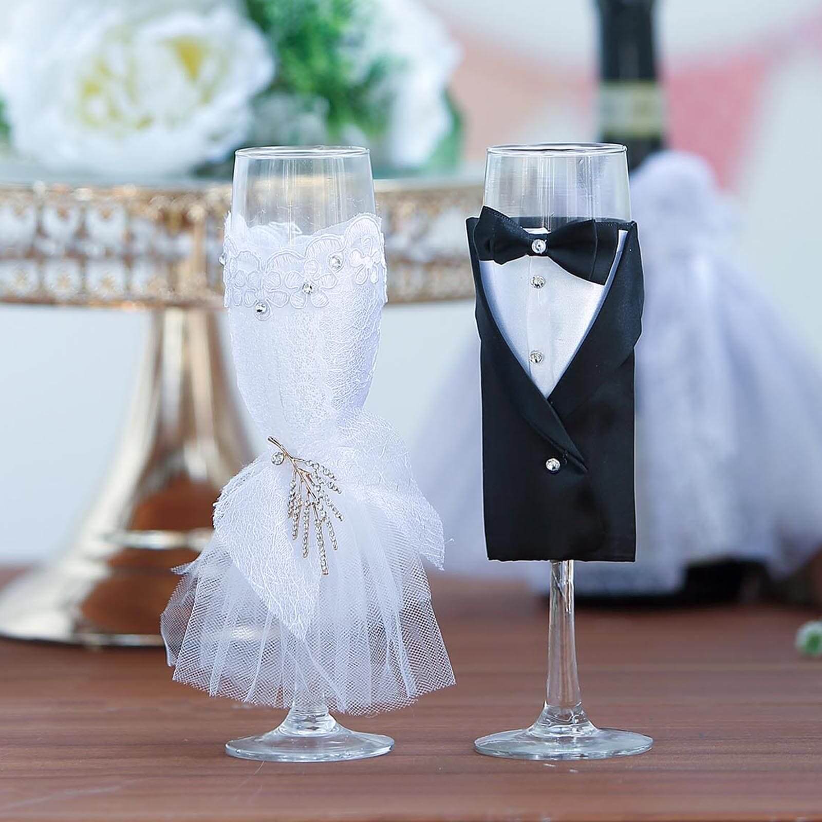 Set of 2 Clear Champagne Flutes with Black Bride and Groom Koozies - Wedding Toast Glasses 9