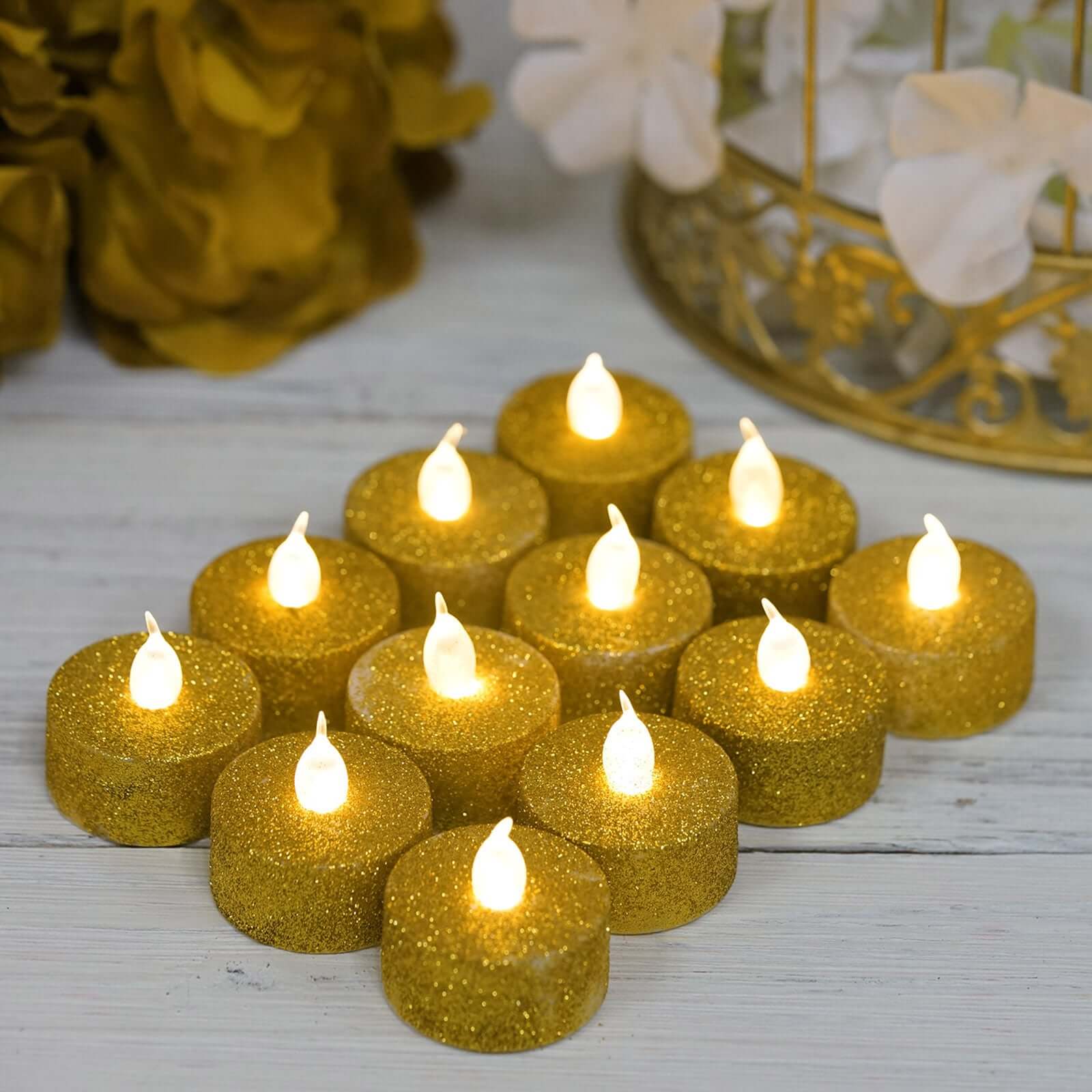 12-Pack LED Tealight Candles Glitter Gold Design - Flameless Battery Operated Tea Lights