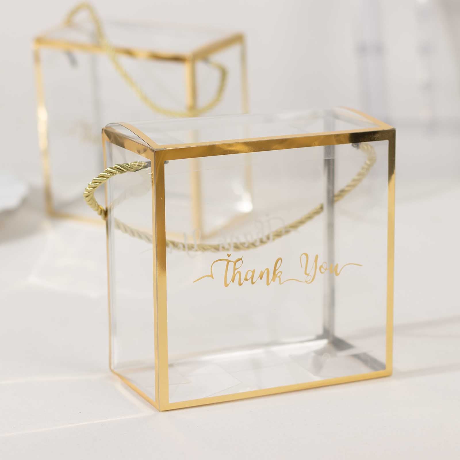 25 Pack Gold Trimmed Clear PVC Gift Boxes with Rope Handles and Thank You Print, Transparent Portable Candy Favor Boxes - 5.5x5.5