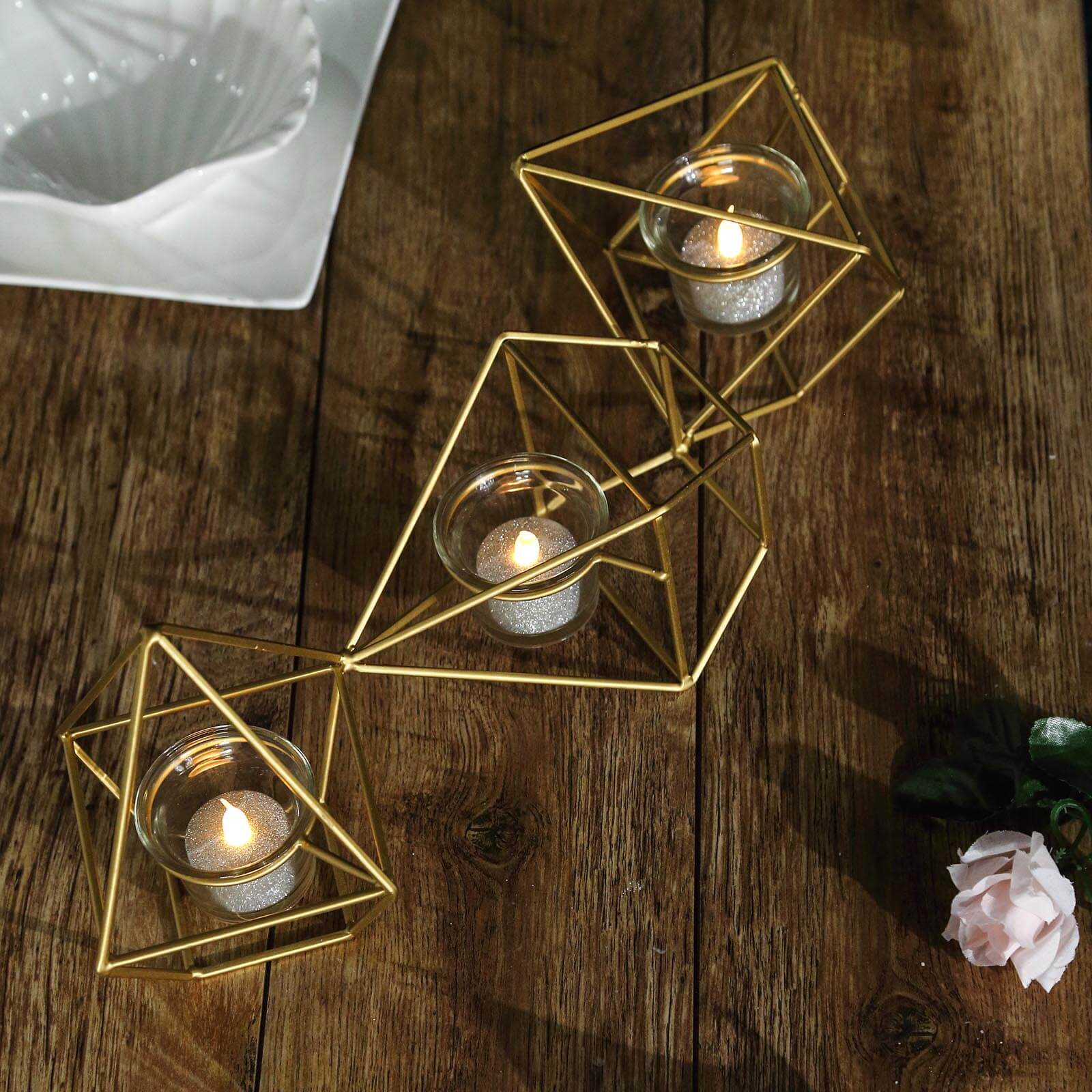 Set of Metal Candle Holders Linked Geometric Design Gold - Modern Votive Glass Decor for Tables & Gatherings 16