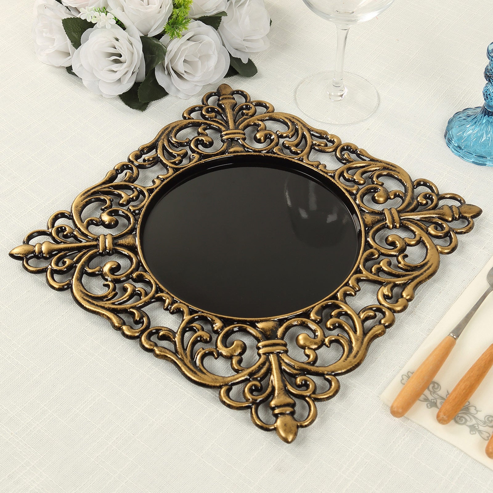 6-Pack Acrylic Square Charger Plates 12 in Black with Antique Gold Hollow Lace Border, Event Tabletop Decorative Charger Tableware