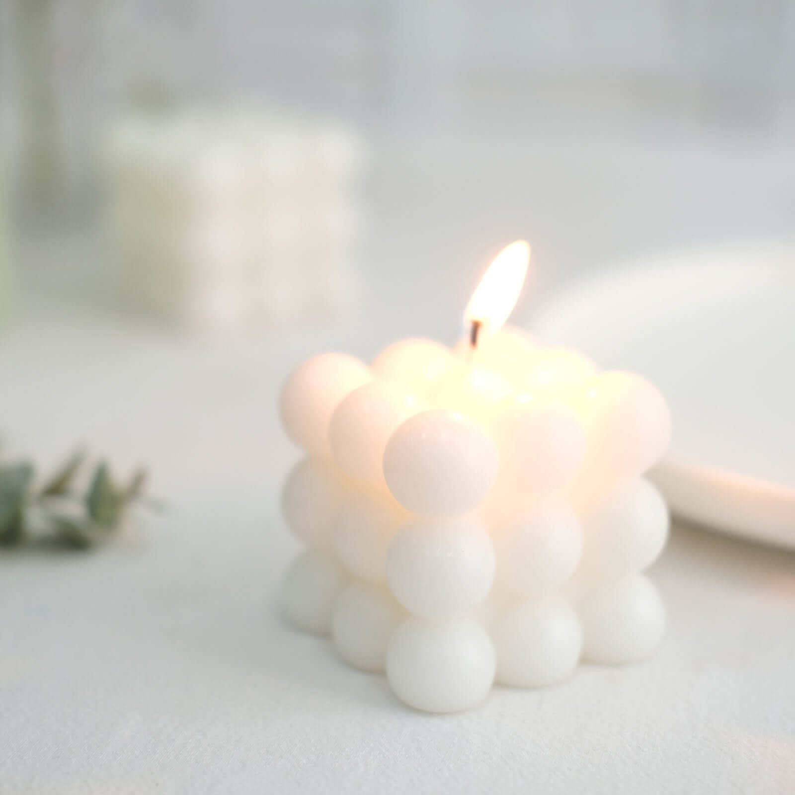 2-Pack Decorative Paraffin Wax Candles Bubble Cube Design White - Unscented Long Burning Pillar Candle Set 2