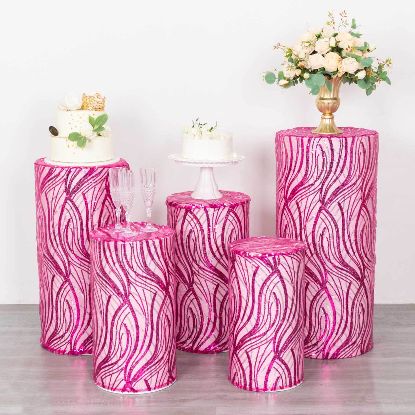 Set of 5 Fuchsia Wave Mesh Cylinder Pedestal Stand Covers with Embroidered Sequins, Pillar Prop Covers - 160 GSM