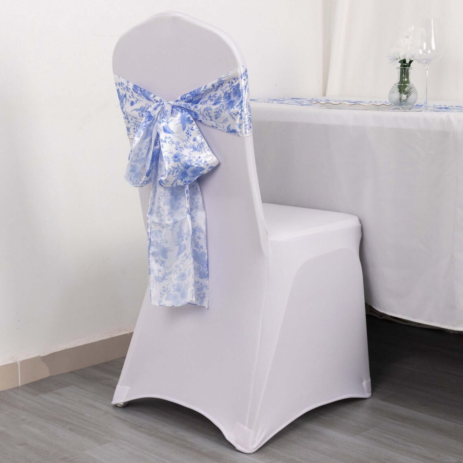 5 Pack Satin Chair Sashes White/Blue French Toile Floral Pattern - Wrinkle-Resistant & Reusable Chair Bows for Effortless Event Setup 6x108