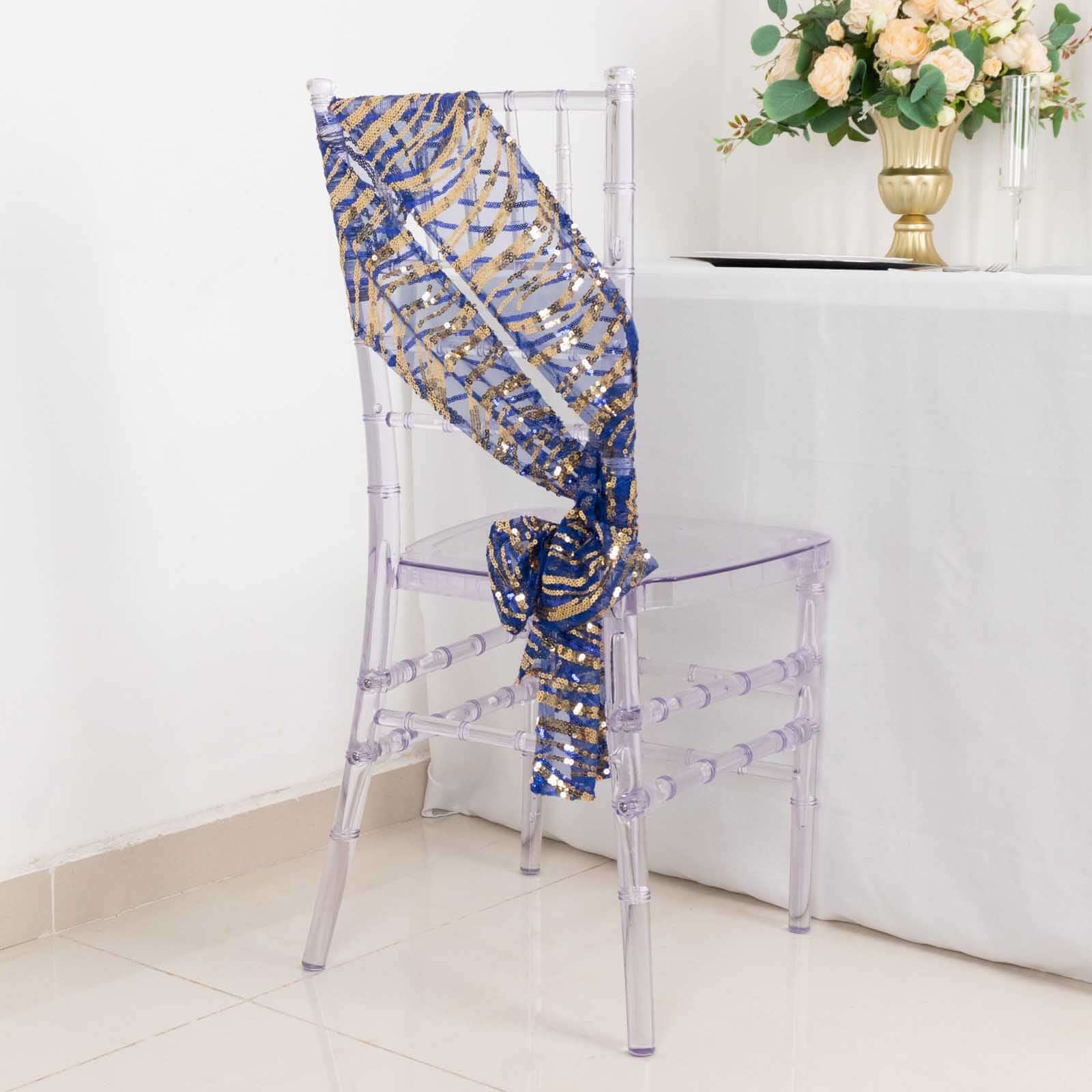 5 Pack Chair Sashes with Wave Embroidered Sequins Royal Blue/Gold 6x88