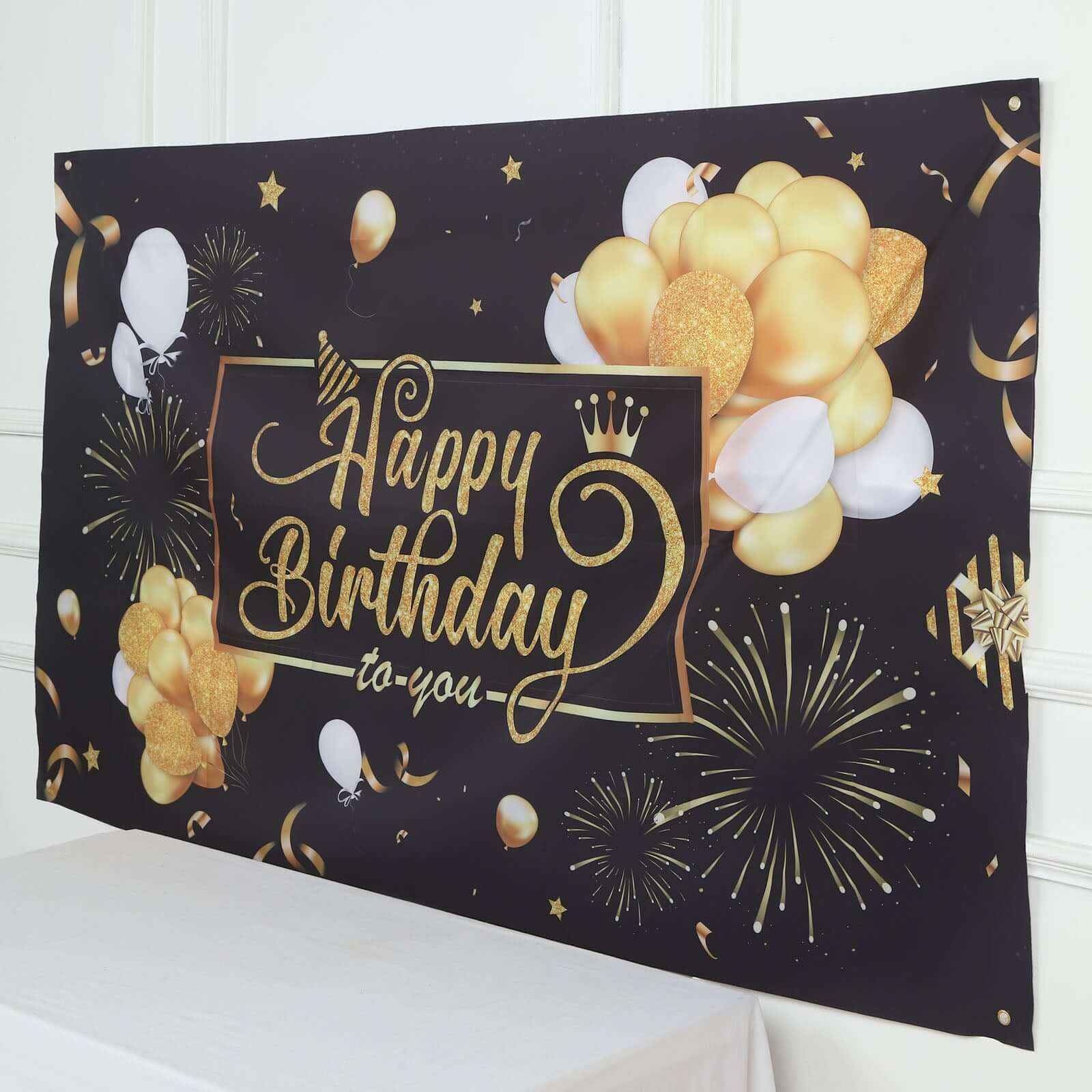 6ftx3ft Black Gold Happy Birthday Photo Booth Backdrop Decoration, Large Polyester Background Banner