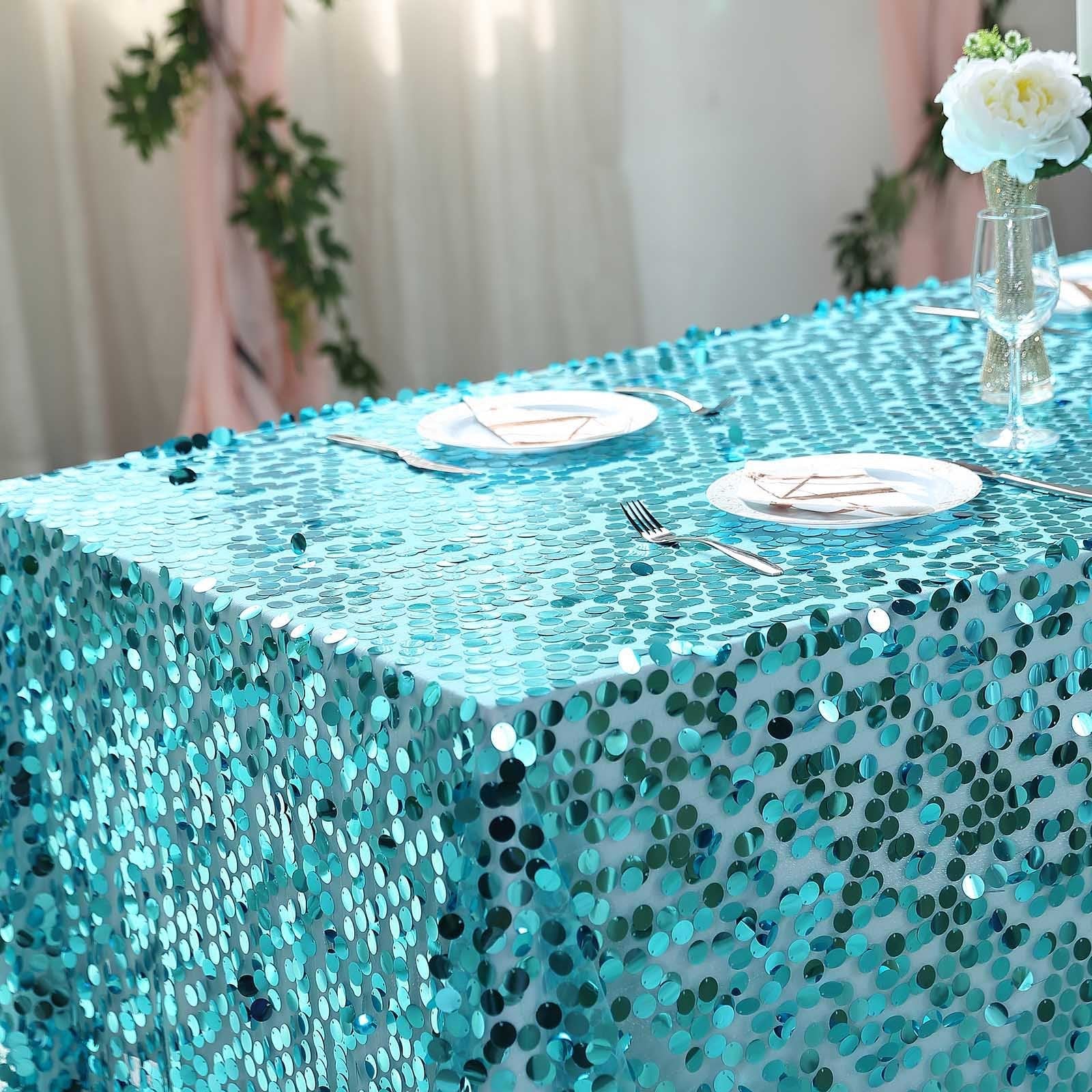 Sequin 90x156 Rectangle Tablecloth Turquoise - Seamless Big Payette Table Cover