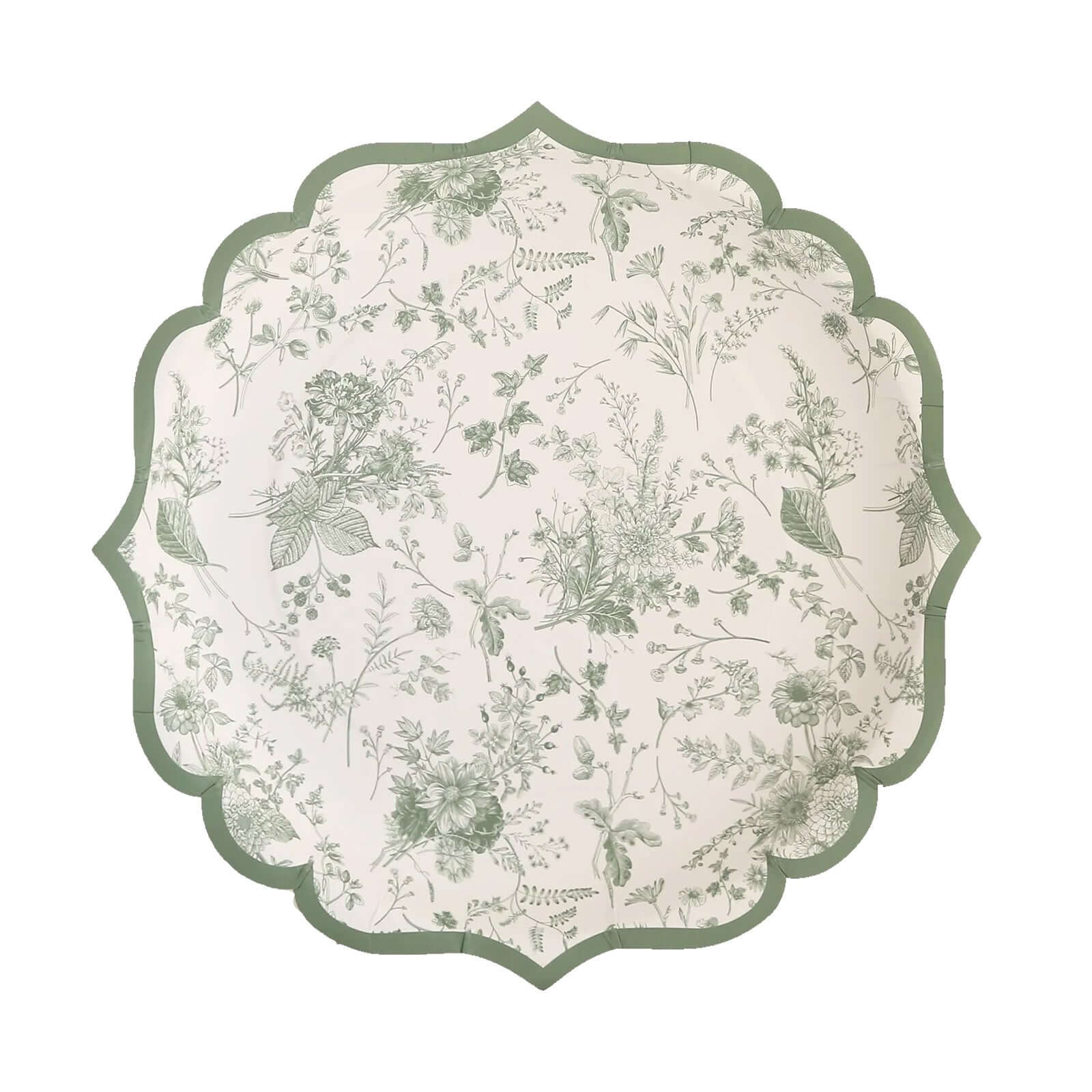 25-Pack Paper 8 Round Dessert Plates in White with Sage Green French Toile Design & Scalloped Rim - Disposable 300GSM Salad Appetizer Plates for Stylish Table Decor