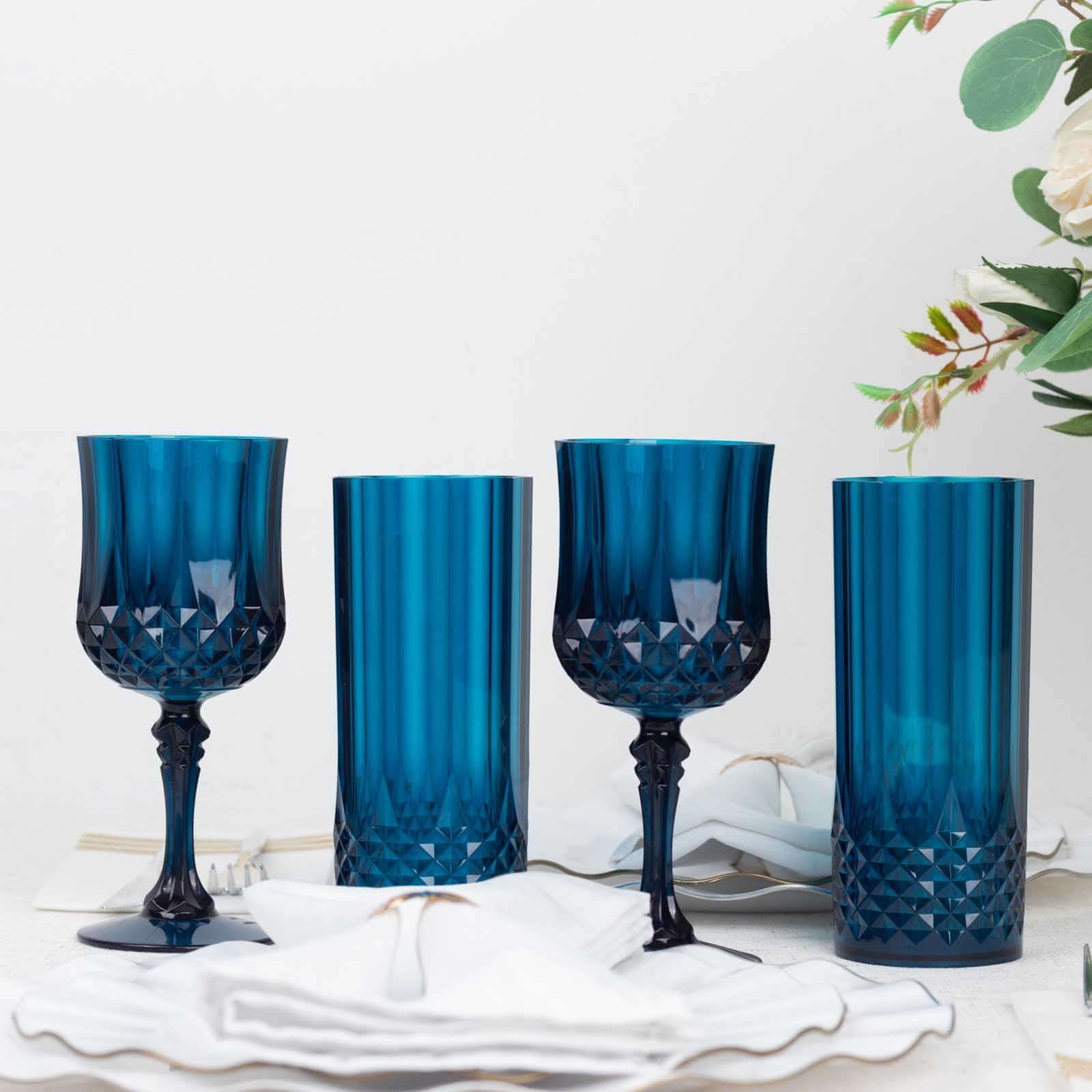 6-Pack Plastic Cocktail Goblets Navy Blue Transparent Crystal Cut - Shatterproof Drinkware 8oz