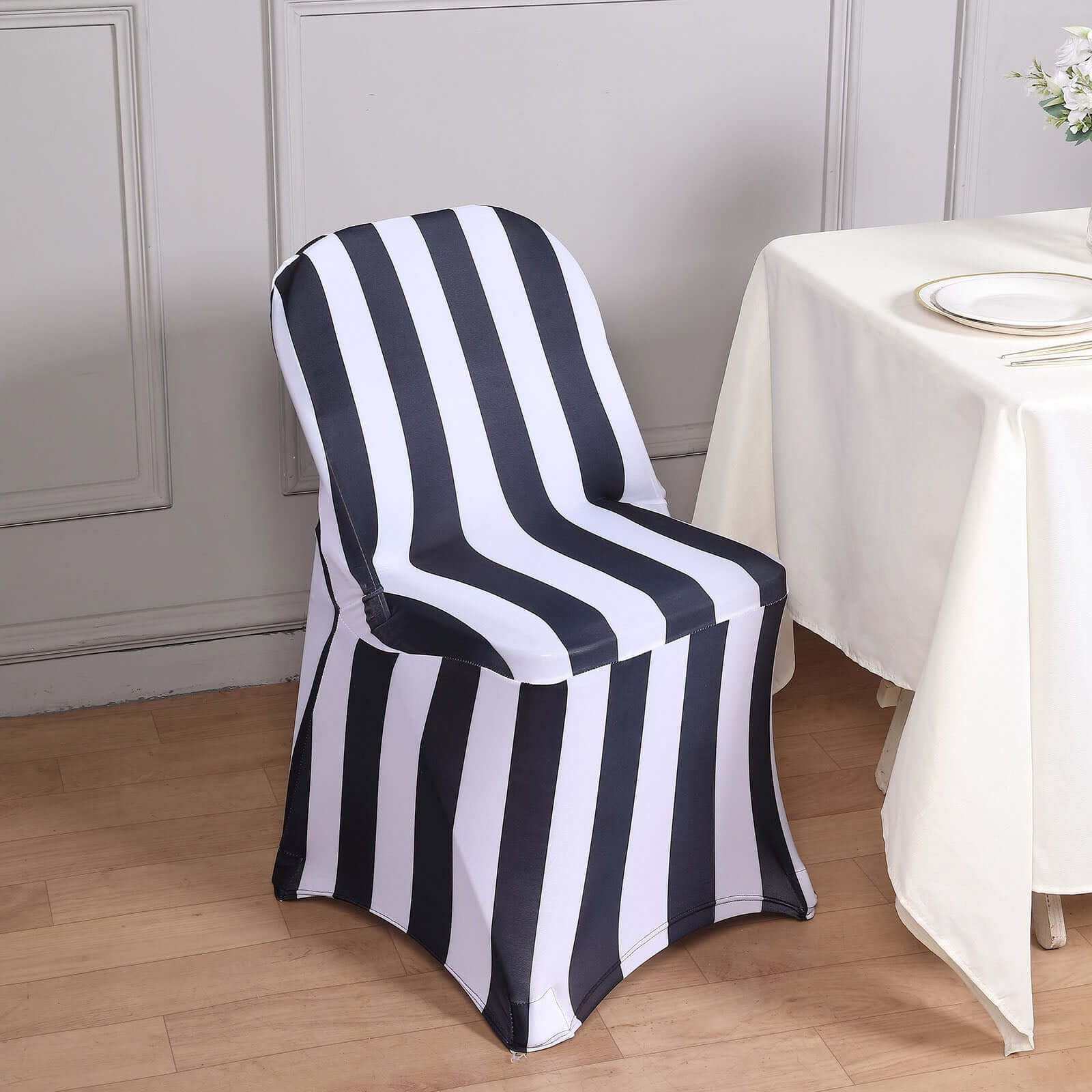 Stretch Spandex Chair Cover Black/White for Folding Chairs - 2 Striped Wrinkle Resistant Classy 160GSM Fitted Slipcover With Foot Pockets