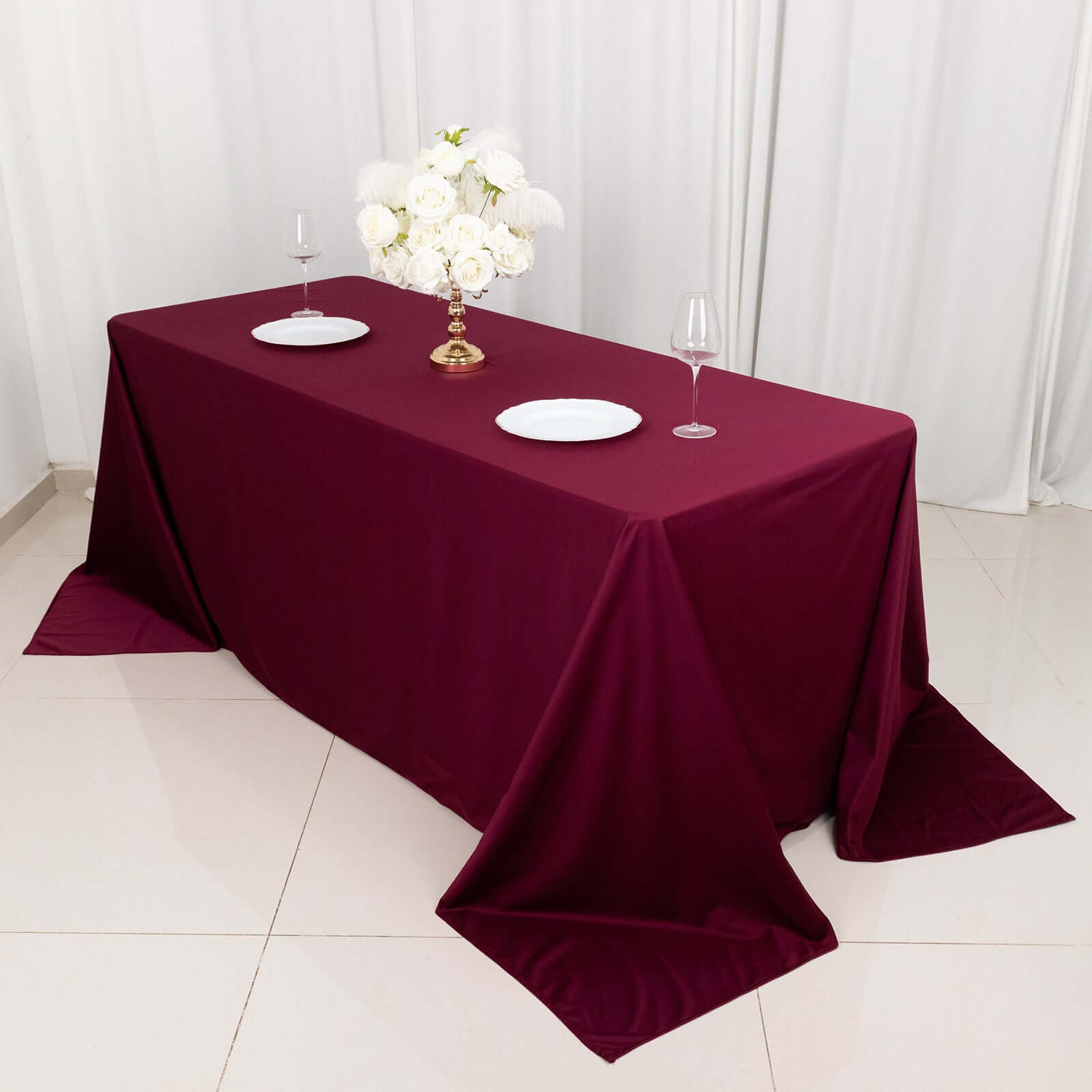 Premium Scuba Rectangular 90x132 Tablecloth Burgundy - Wrinkle Free, Stain Resistant & Seamless Table Cover