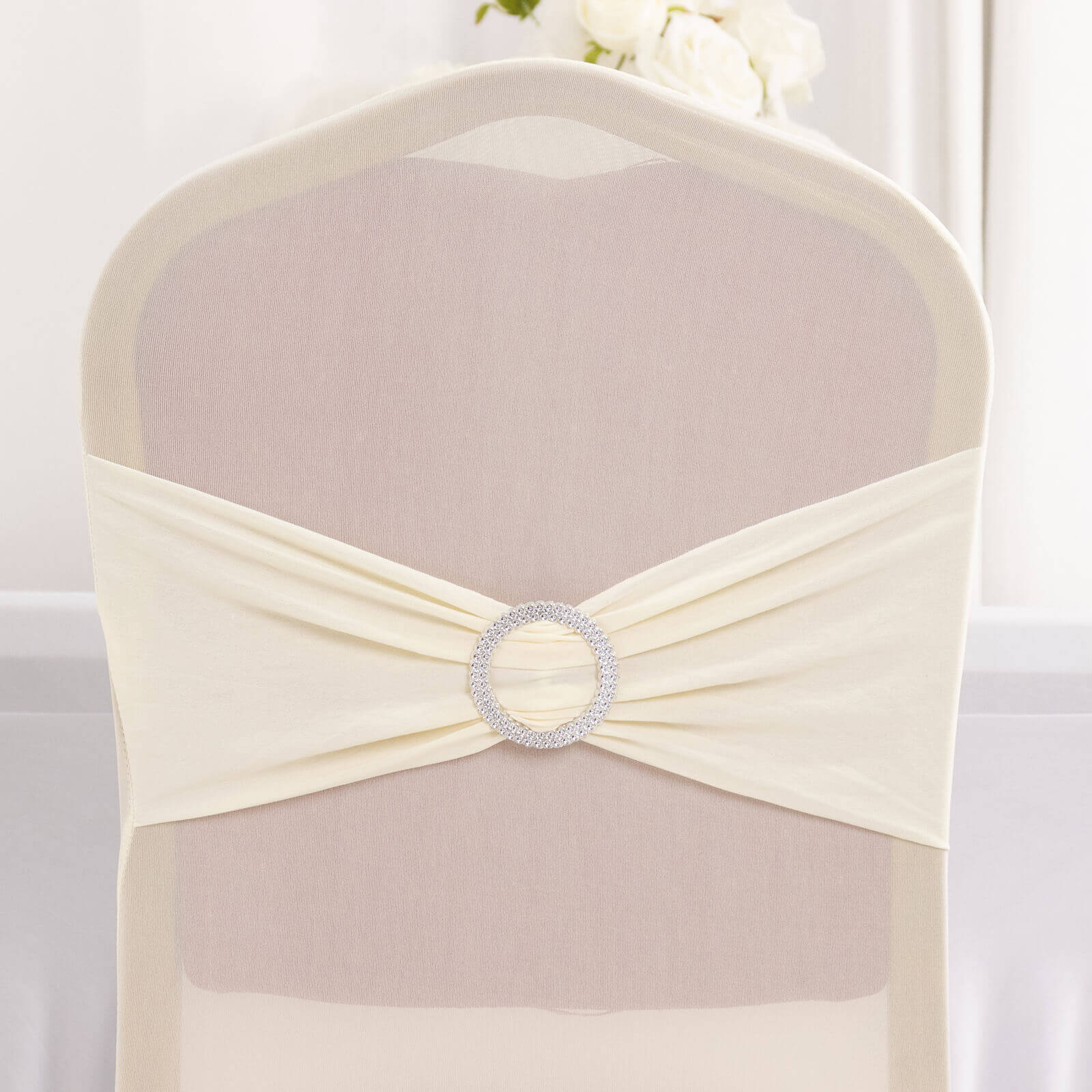 Spandex Chair Cover with Ivory Rhinestone Buckled Sash Band Blush - Stretch Fitted Slipcover