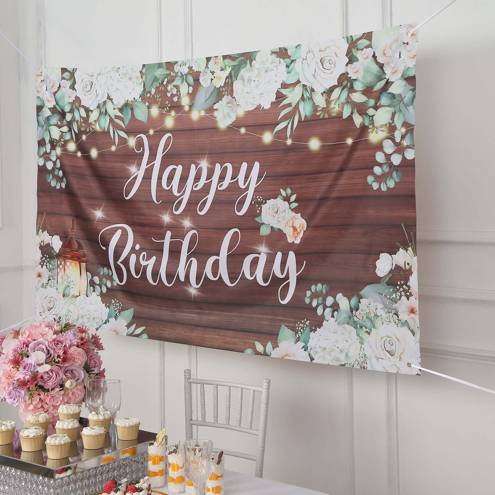 6ftx3ft White Brown Rustic Wood Floral Happy Birthday Photo Backdrop, Large Polyester Background Banner