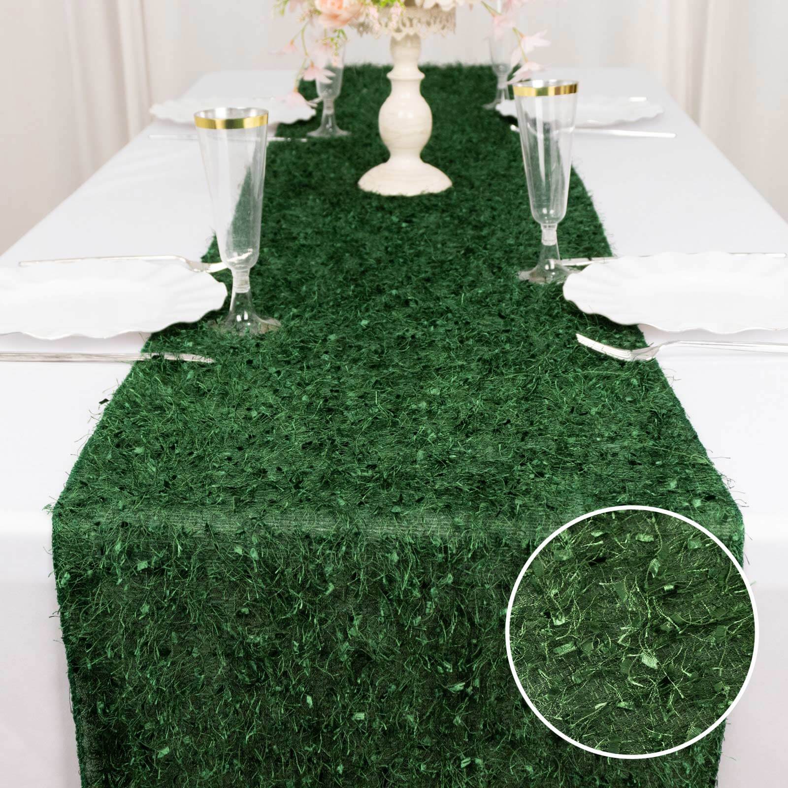 Polyester 12x108 Table Runner Green - Fringe Shag Table Decor