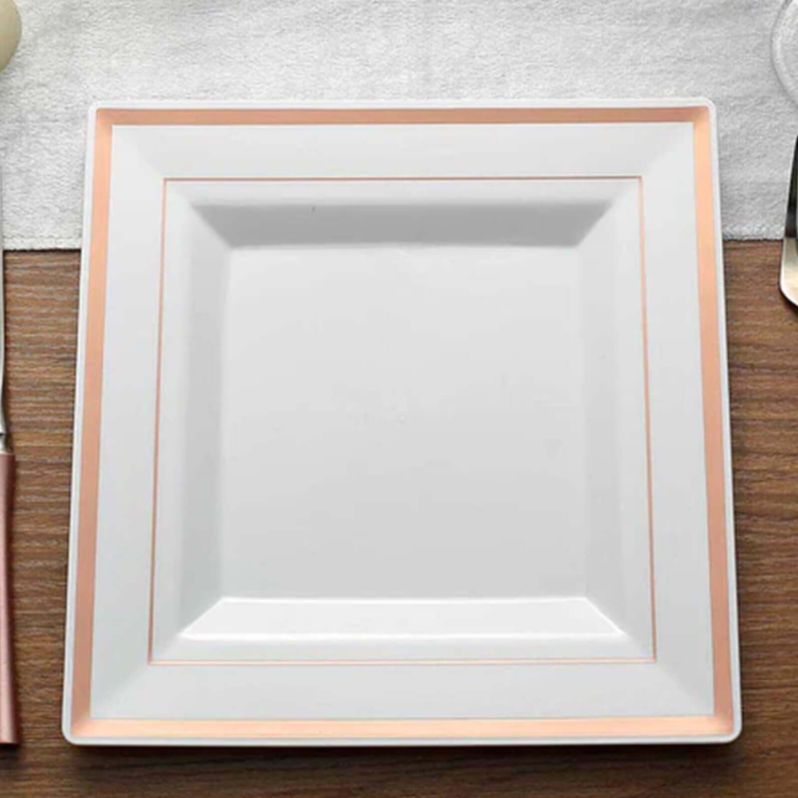 10-Pack Plastic Dinner Plates White Square with Rose Gold Trim - Lightweight Disposable Plates for Events 10