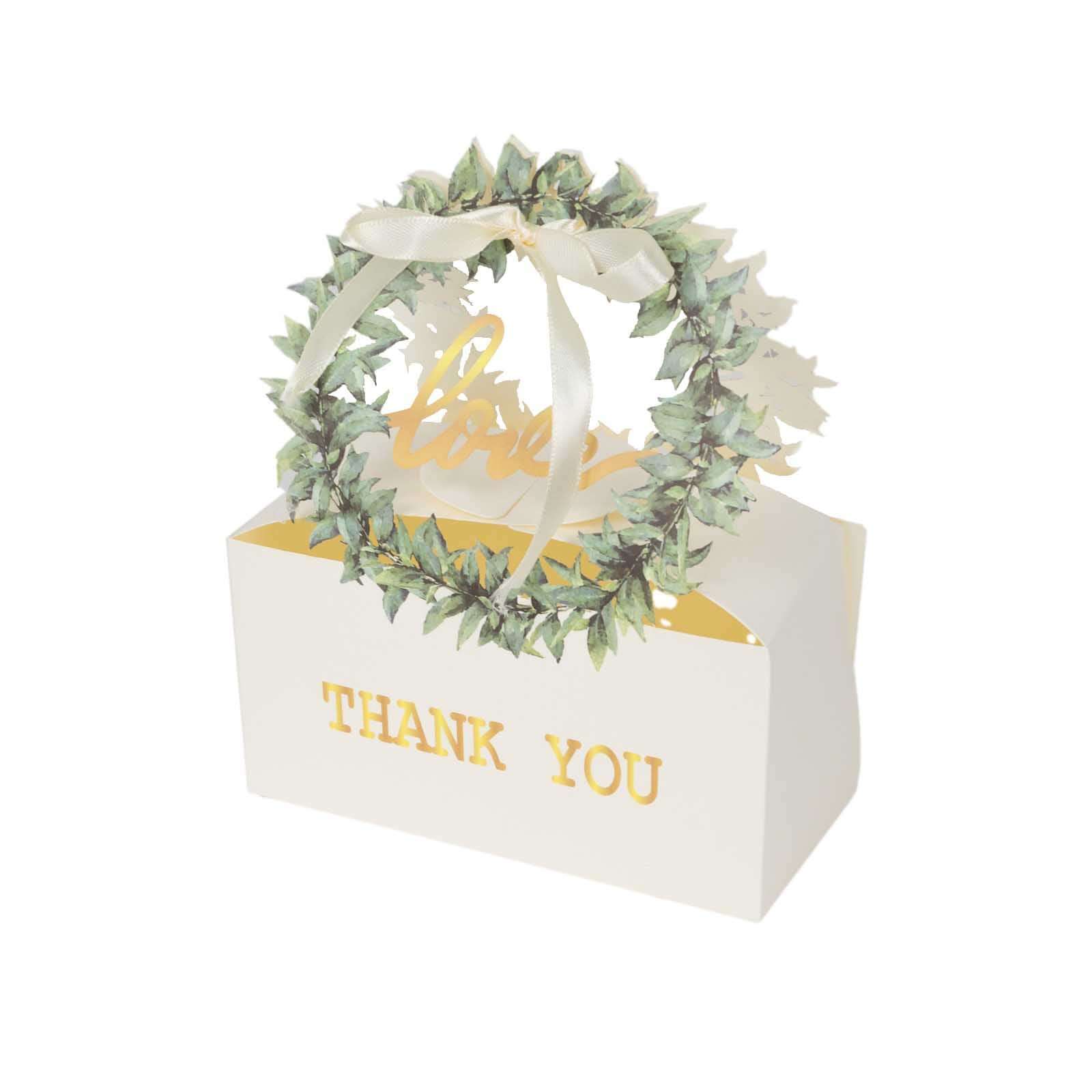 25 Pack White Thank You Candy Treat Boxes with Ribbon, Love Wreath Party Favor Gift Boxes - 6x3x7