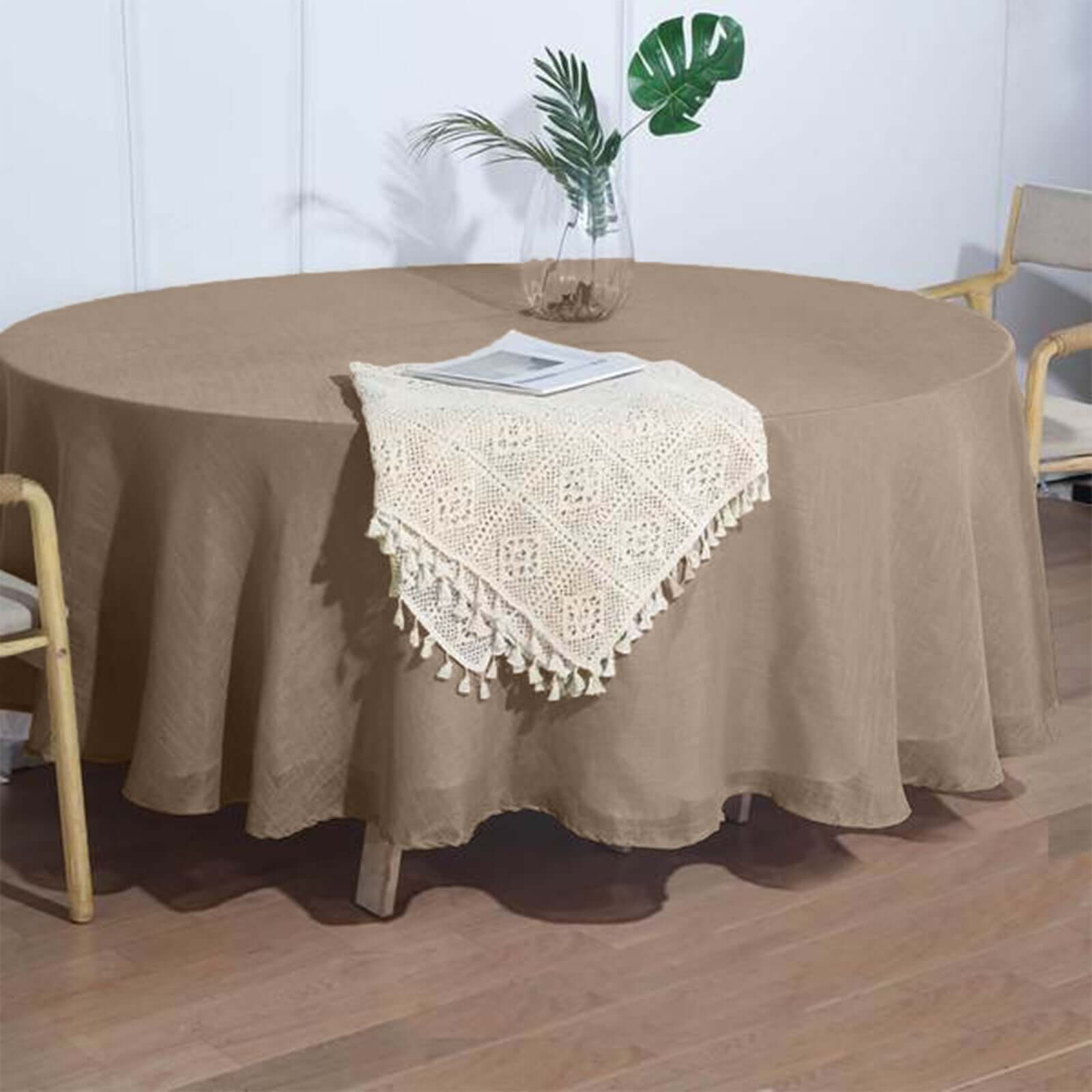 Faux Linen 108 Round Tablecloth Taupe - Slubby Textured & Wrinkle Resistant Table Cover